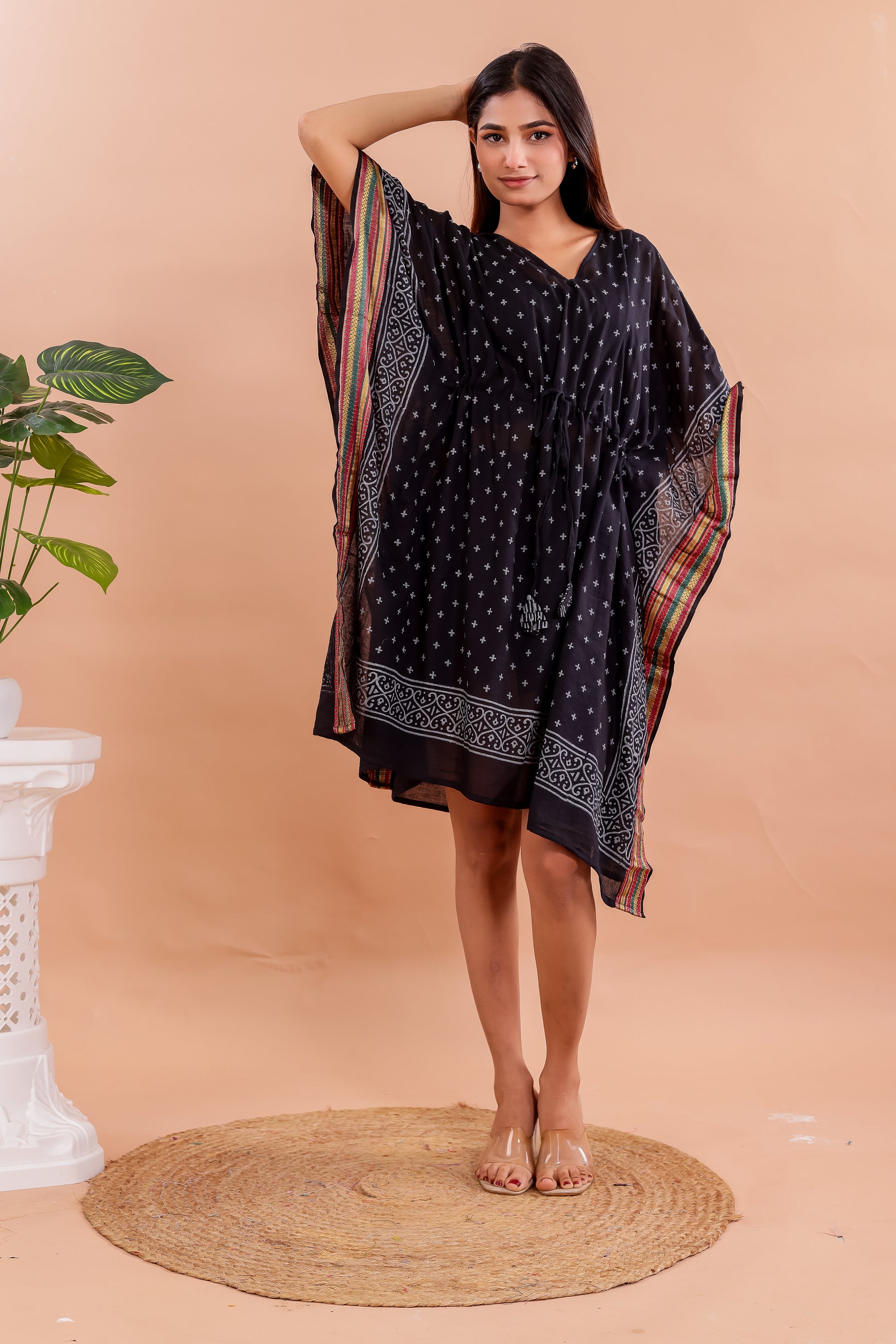 Classic Black Hand Block Printed Cotton Caftan with White Motifs & Border