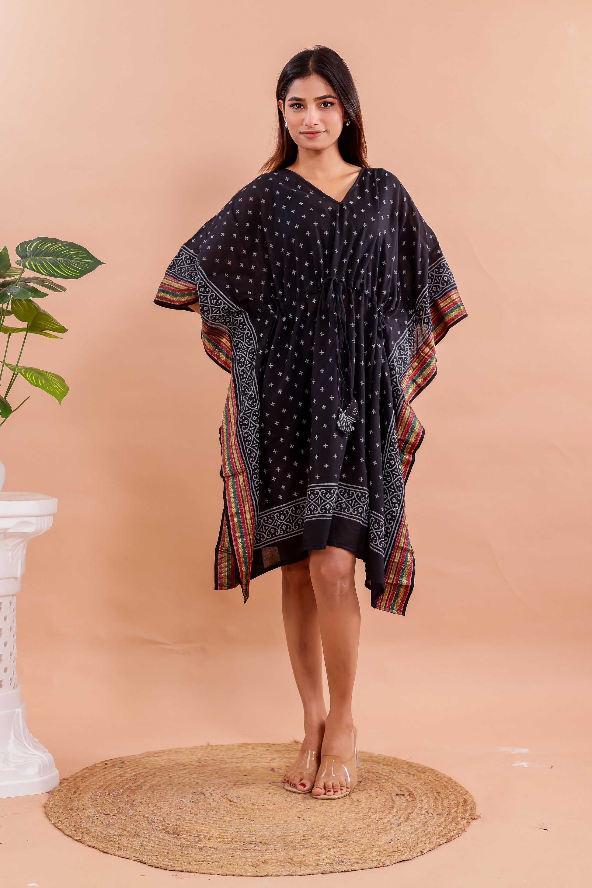 Classic Black Hand Block Printed Cotton Caftan with White Motifs & Border