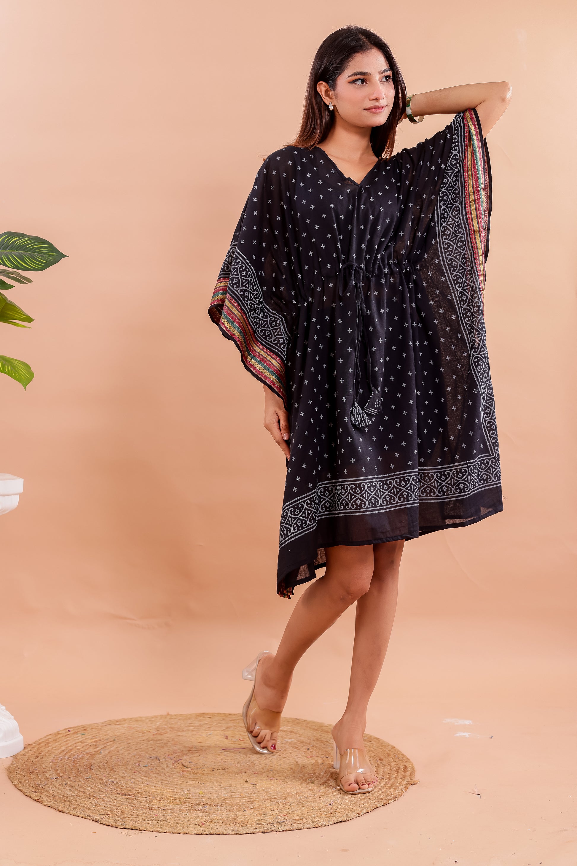 Classic Black Hand Block Printed Cotton Caftan with White Motifs & Border