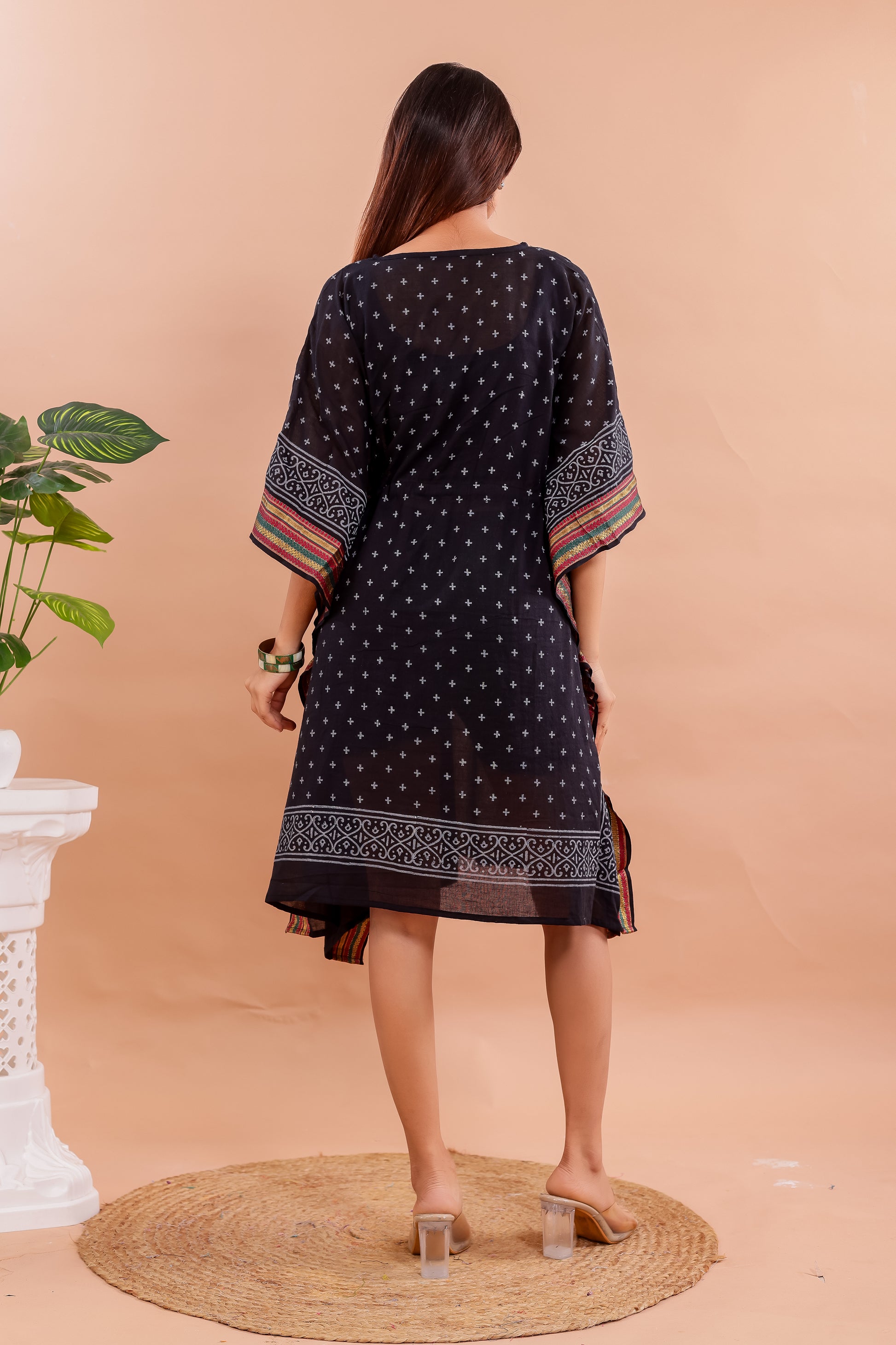 Classic Black Hand Block Printed Cotton Caftan with White Motifs & Border