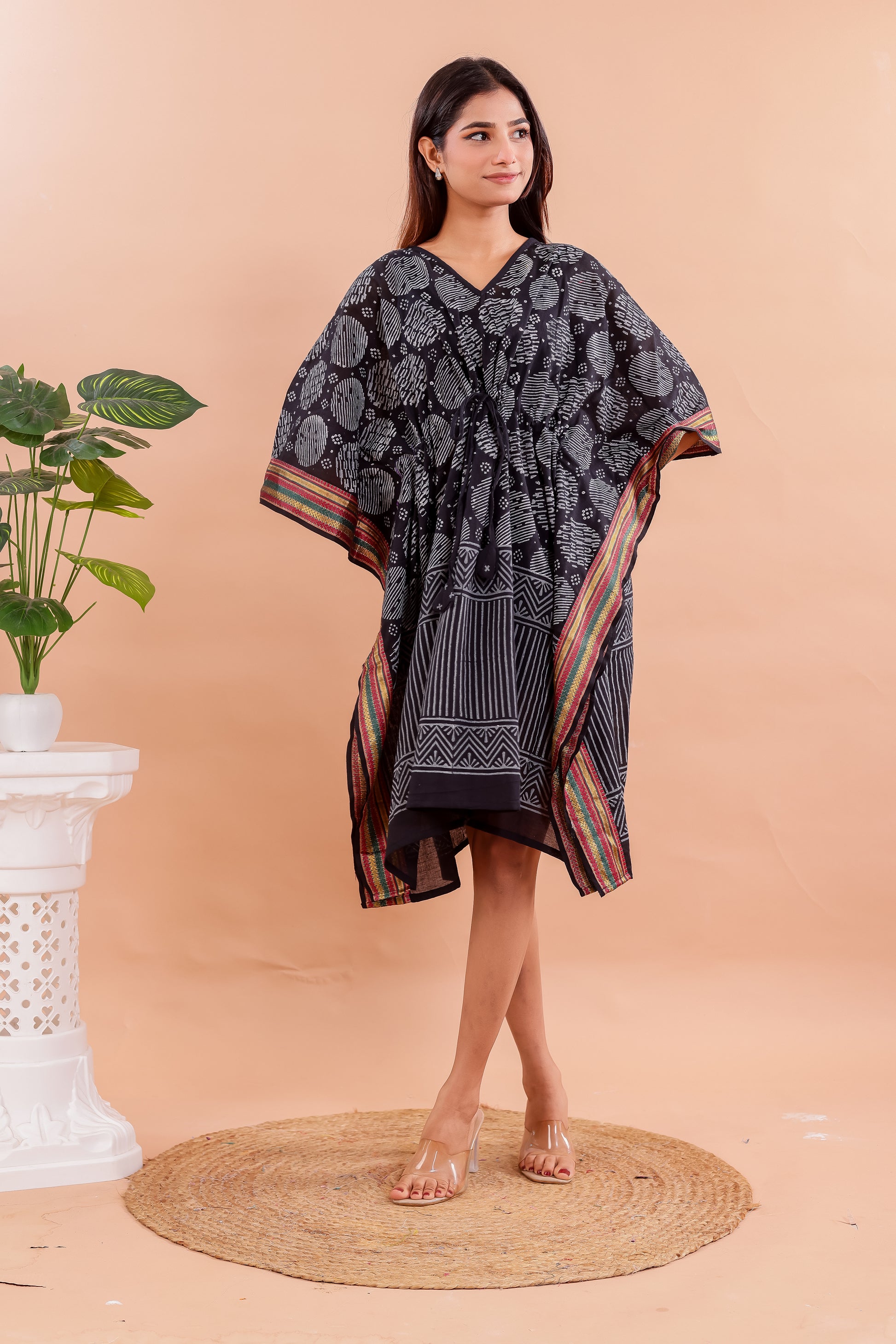 Classic Black Hand Block Printed Cotton Caftan with White Motifs and Silk Border