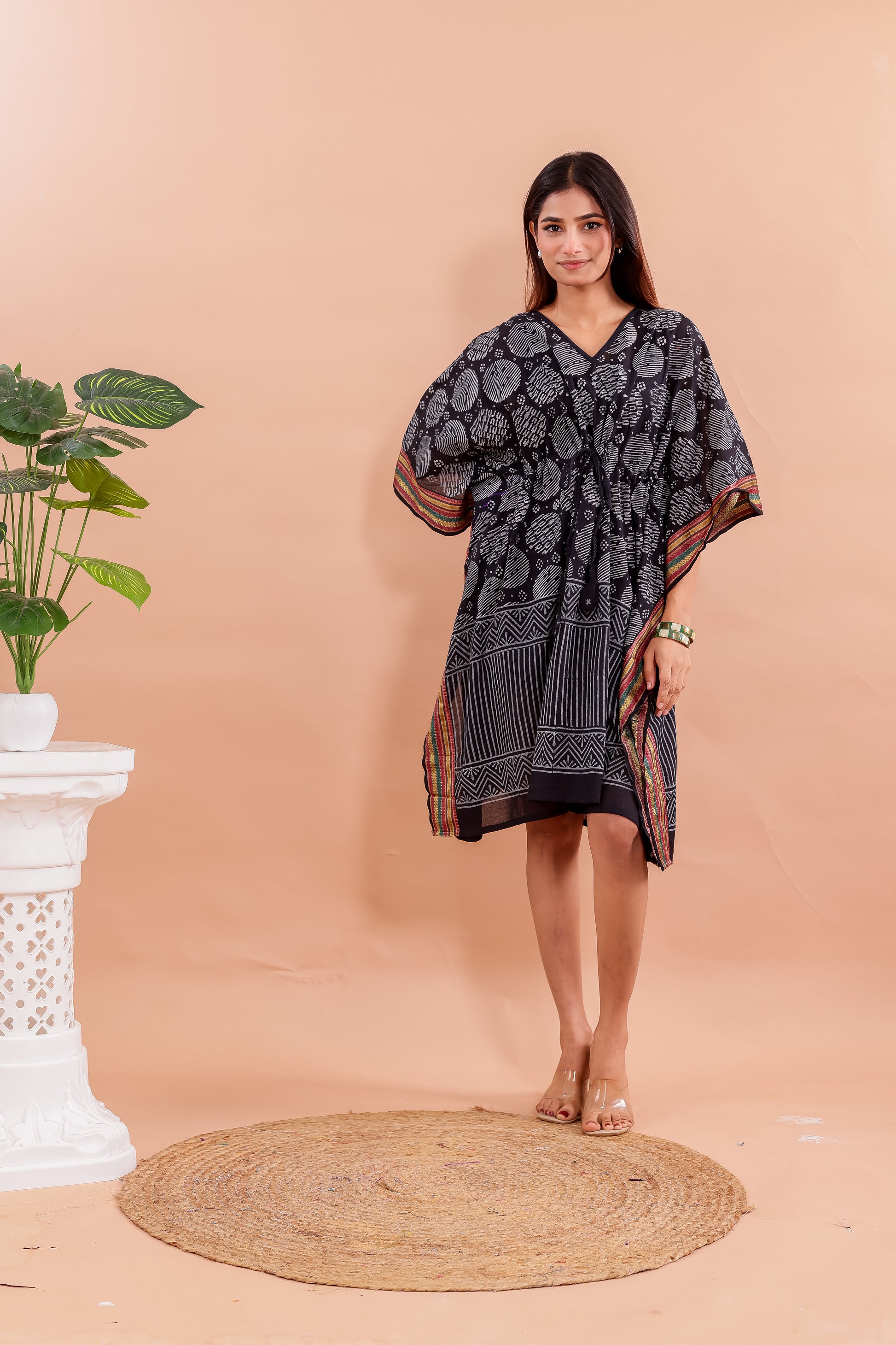 Classic Black Hand Block Printed Cotton Caftan with White Motifs and Silk Border