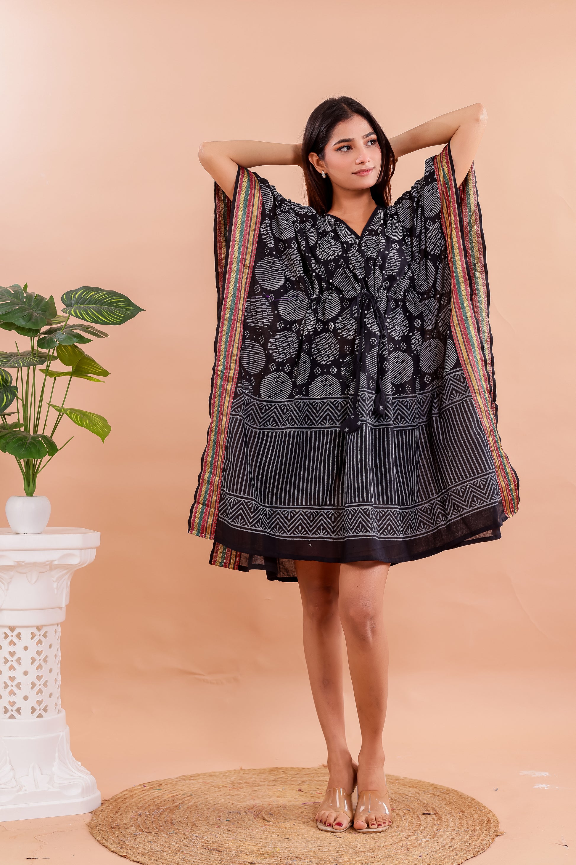 Classic Black Hand Block Printed Cotton Caftan with White Motifs and Silk Border
