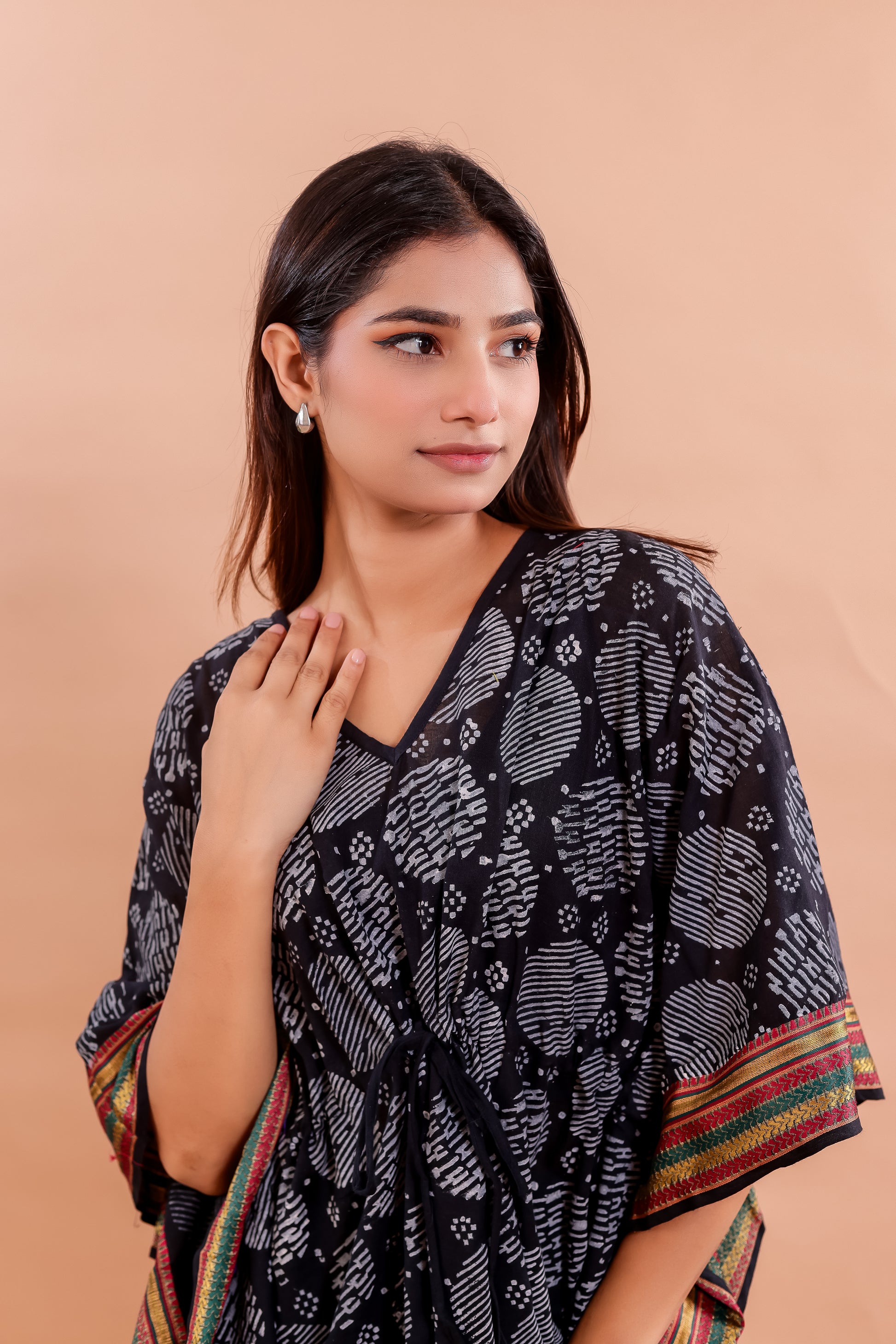 Classic Black Hand Block Printed Cotton Caftan with White Motifs and Silk Border