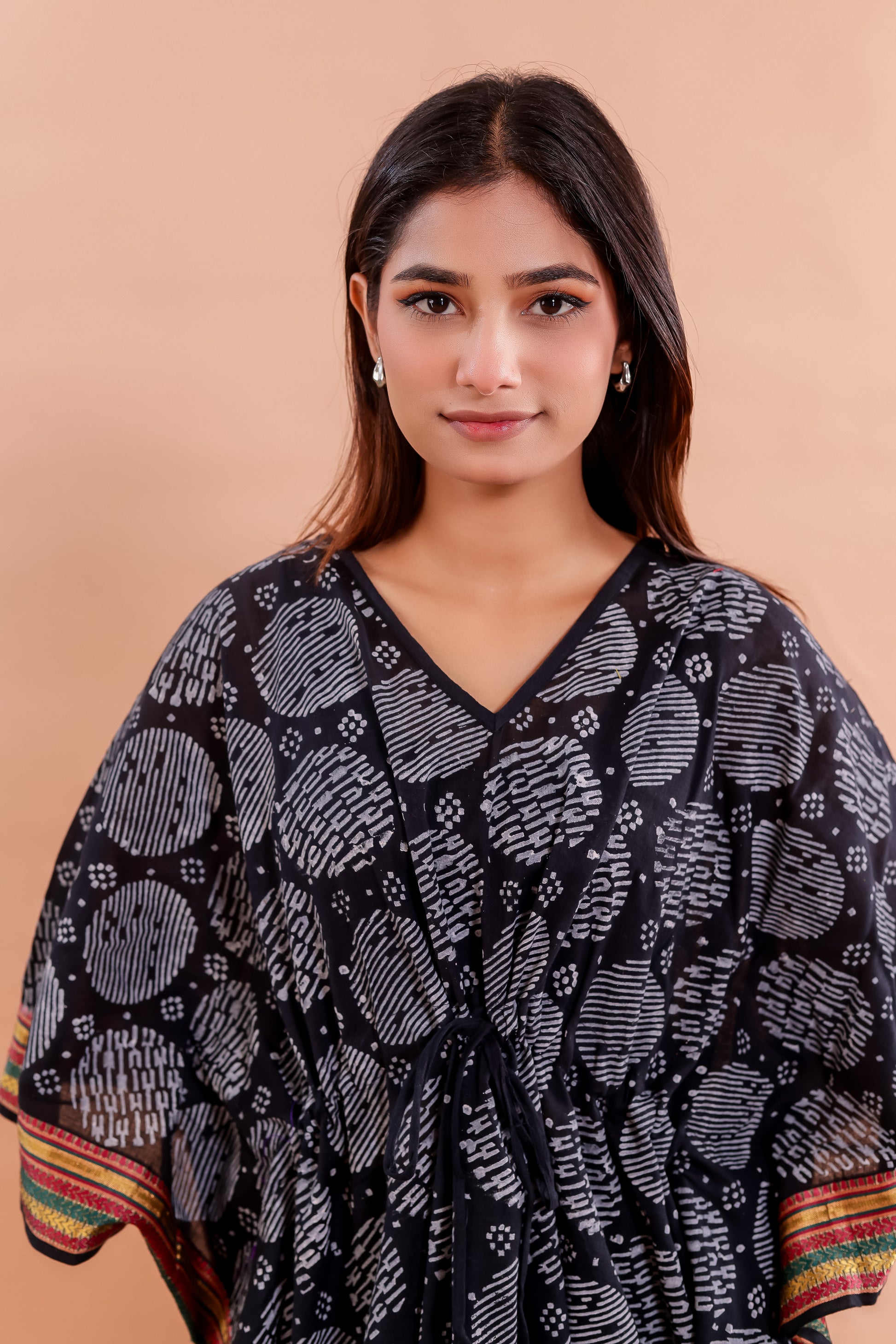 Classic Black Hand Block Printed Cotton Caftan with White Motifs and Silk Border