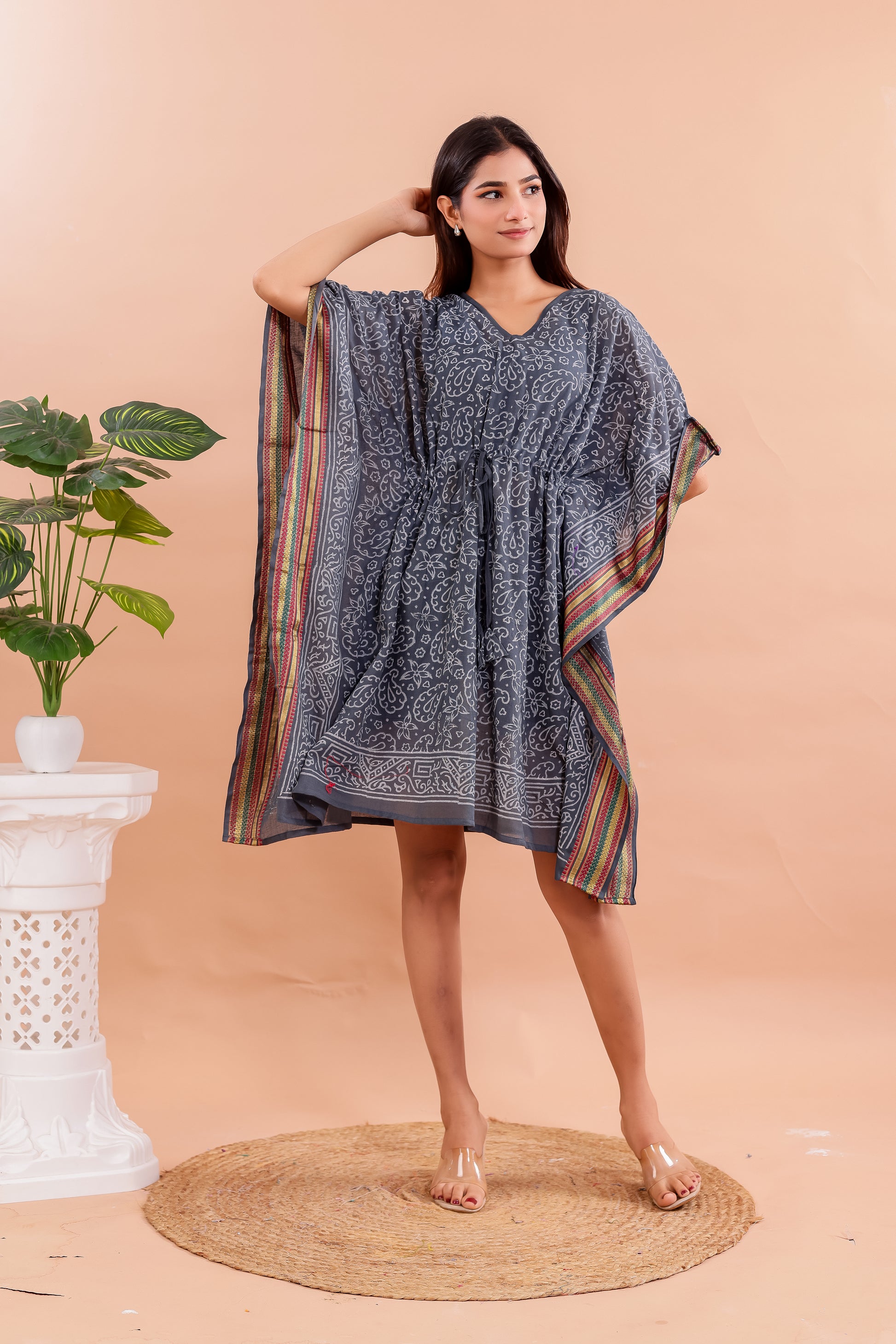Slate Grey Hand Block Printed Cotton Kaftan with Tribal Motifs & Multicolor Border