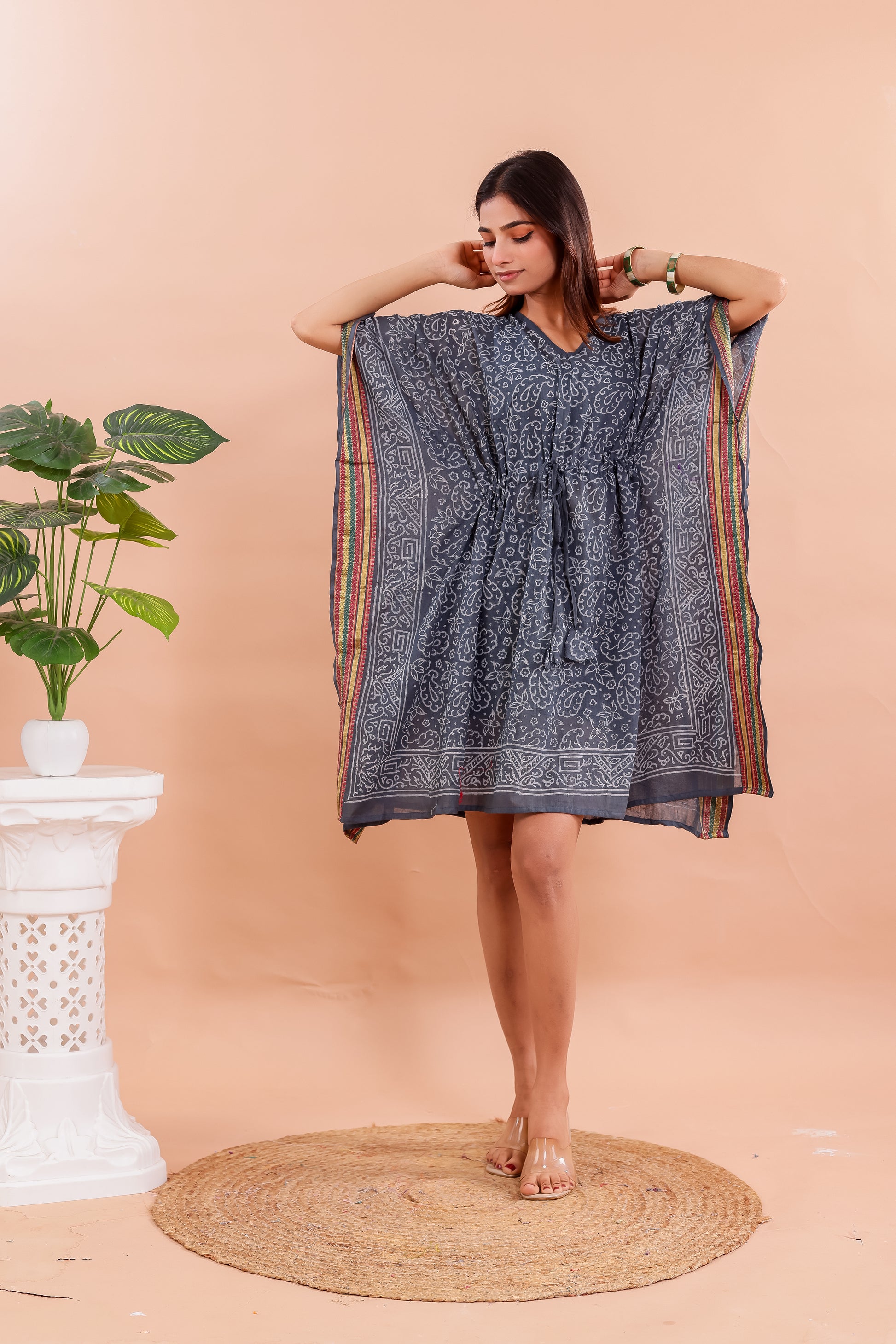 Slate Grey Hand Block Printed Cotton Kaftan with Tribal Motifs & Multicolor Border