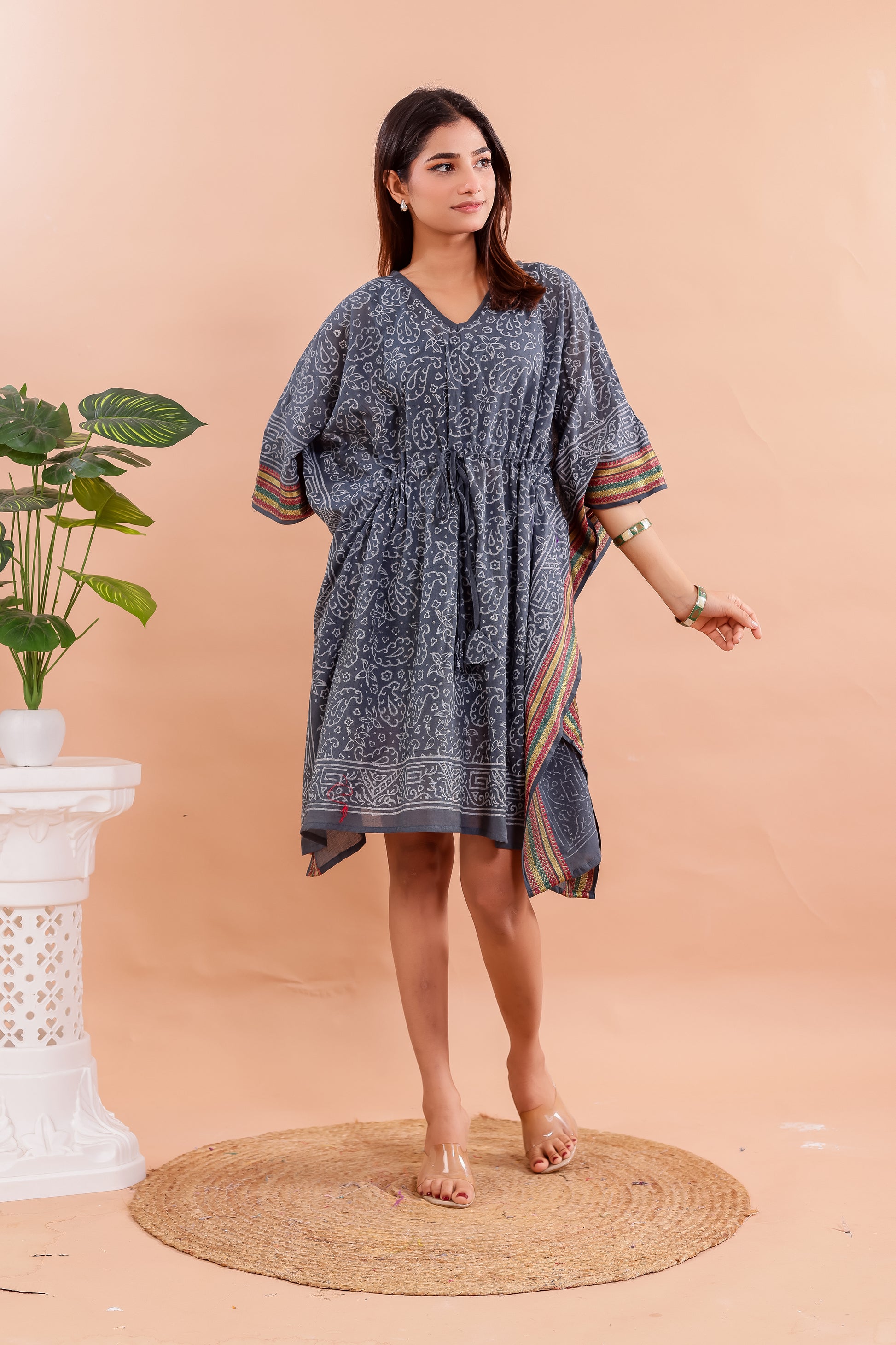 Slate Grey Hand Block Printed Cotton Kaftan with Tribal Motifs & Multicolor Border