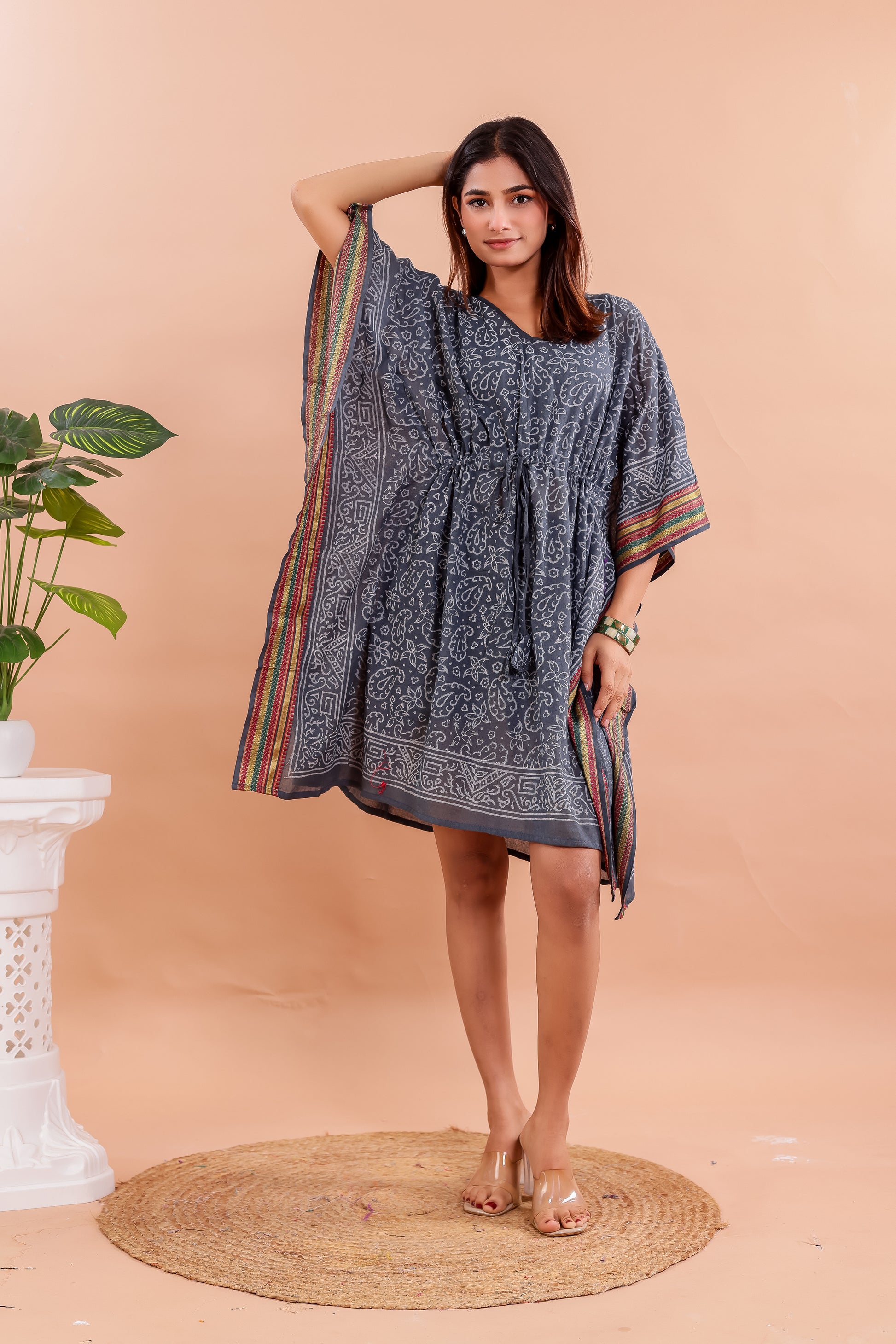 Slate Grey Hand Block Printed Cotton Kaftan with Tribal Motifs & Multicolor Border