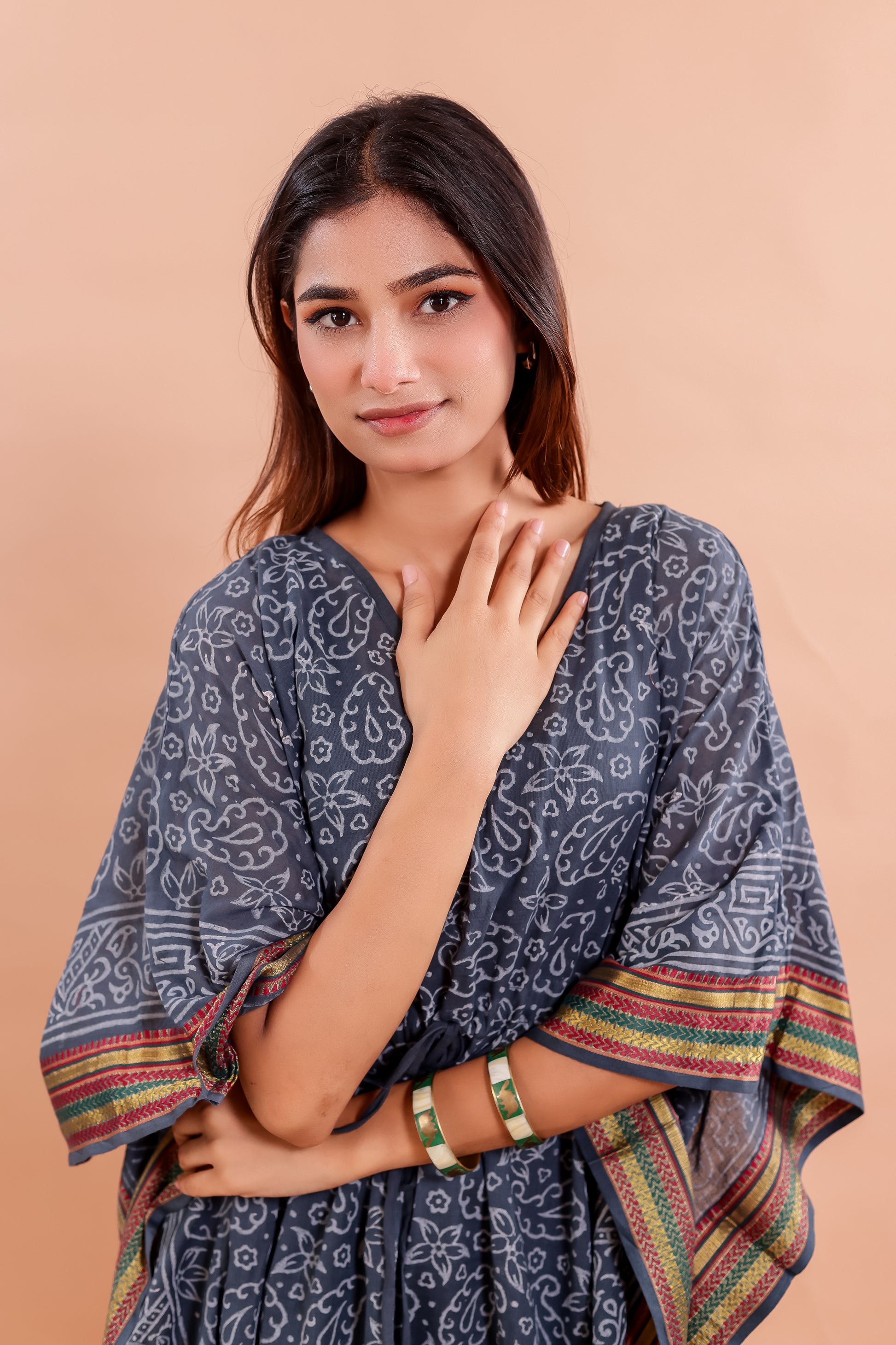 Slate Grey Hand Block Printed Cotton Kaftan with Tribal Motifs & Multicolor Border
