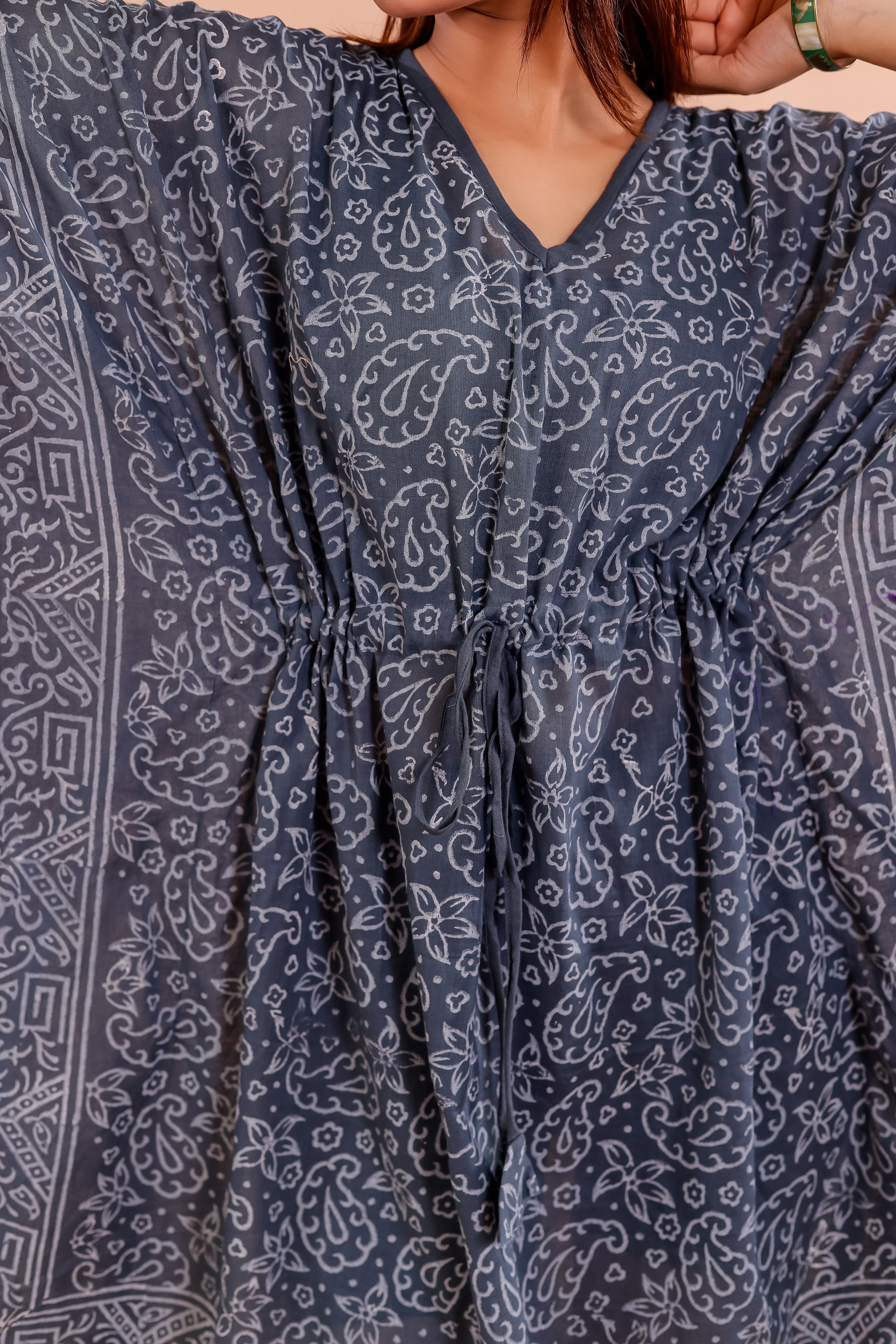 Slate Grey Hand Block Printed Cotton Kaftan with Tribal Motifs & Multicolor Border