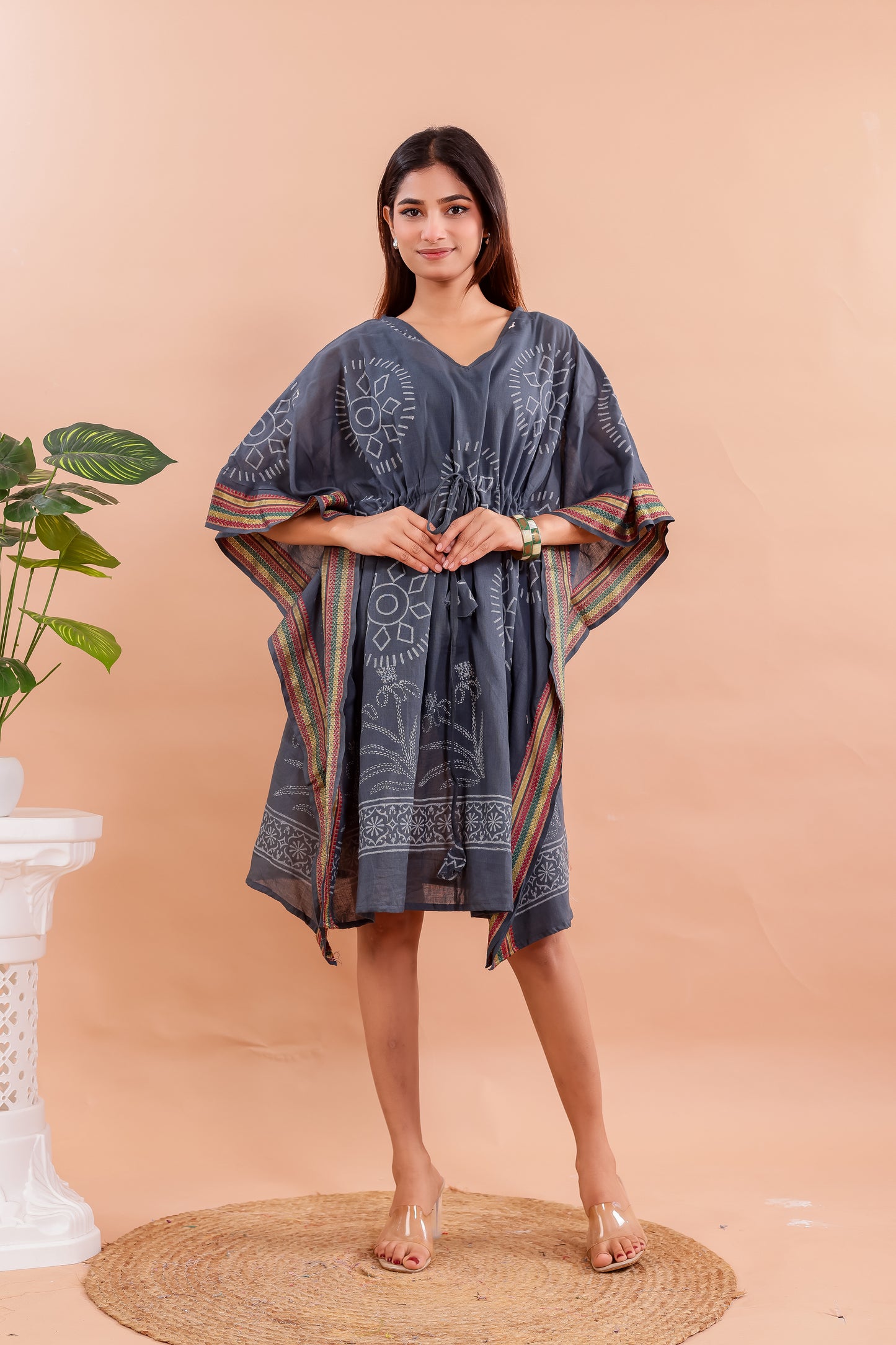 Charcoal Grey Hand Block Printed Cotton Kaftan with Ethnic Floral Motifs