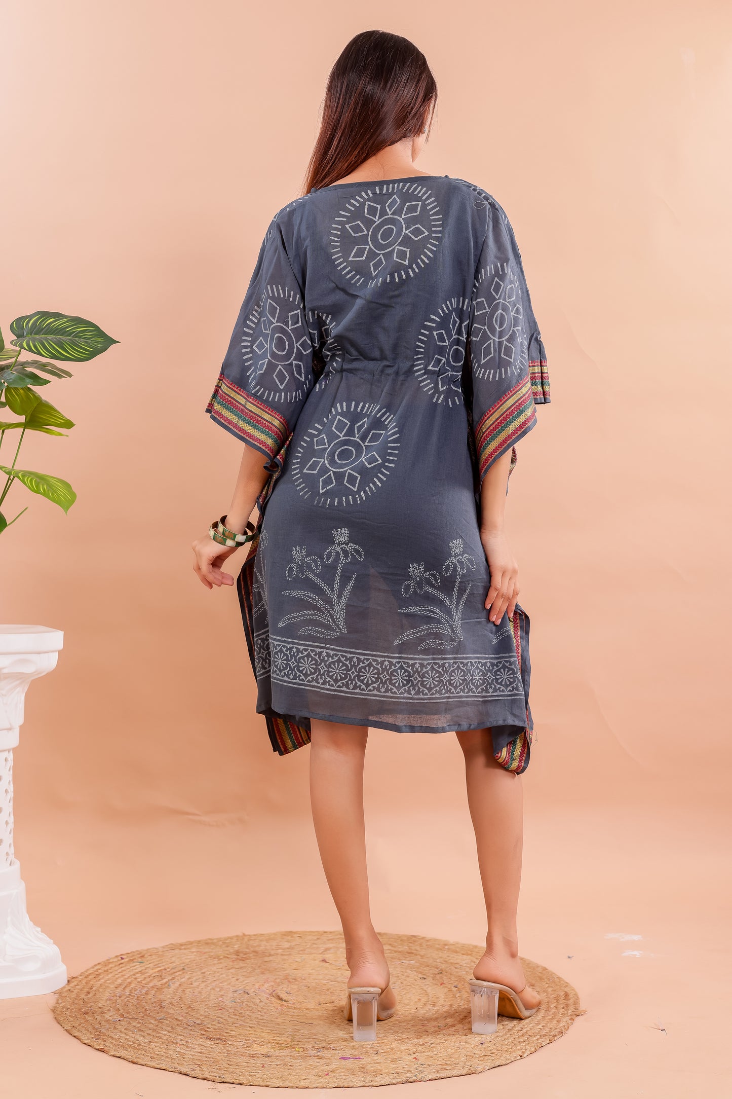 Charcoal Grey Hand Block Printed Cotton Kaftan with Ethnic Floral Motifs