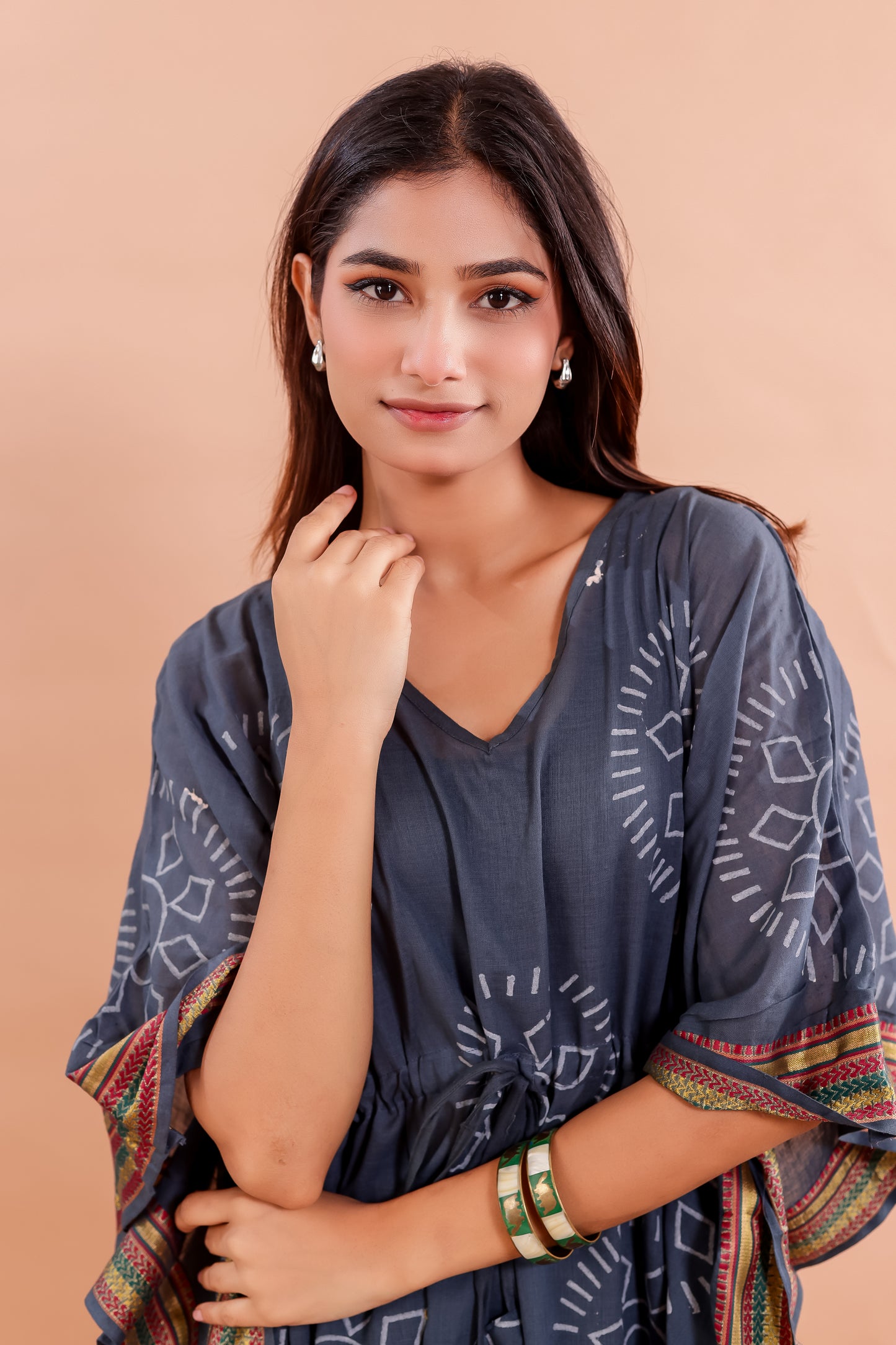 Charcoal Grey Hand Block Printed Cotton Kaftan with Ethnic Floral Motifs