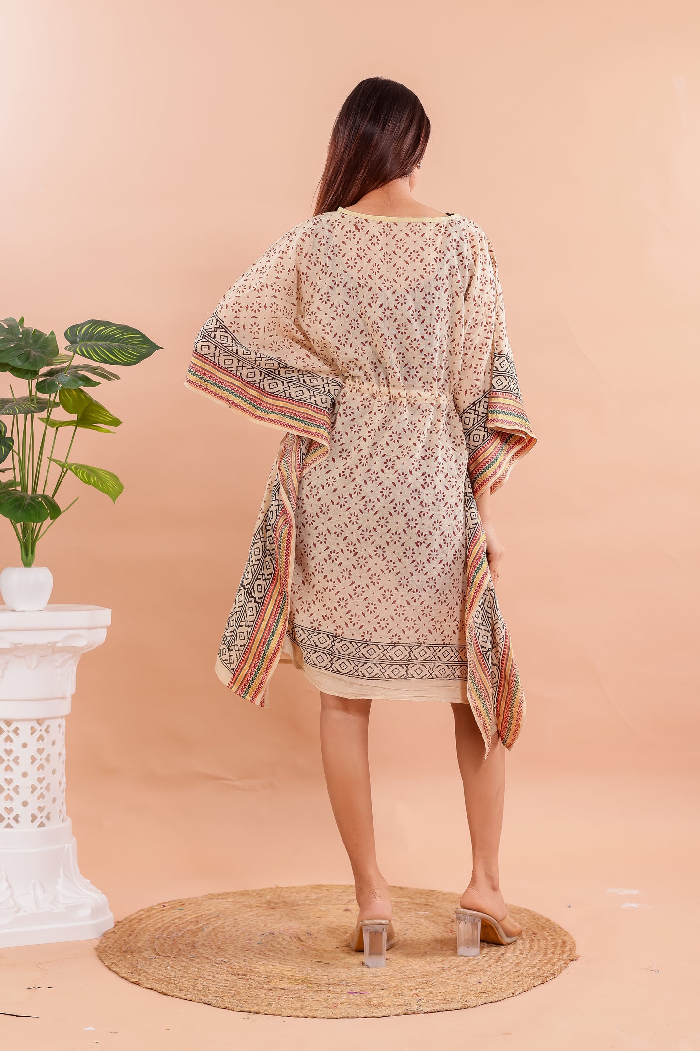 Natural Beige Hand Block Printed Cotton Kaftan with Geometric Borders