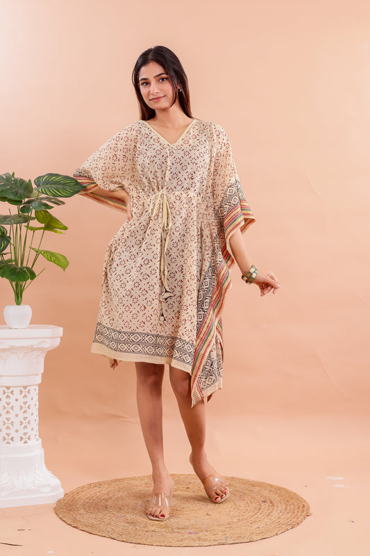 Natural Beige Hand Block Printed Cotton Kaftan with Geometric Borders