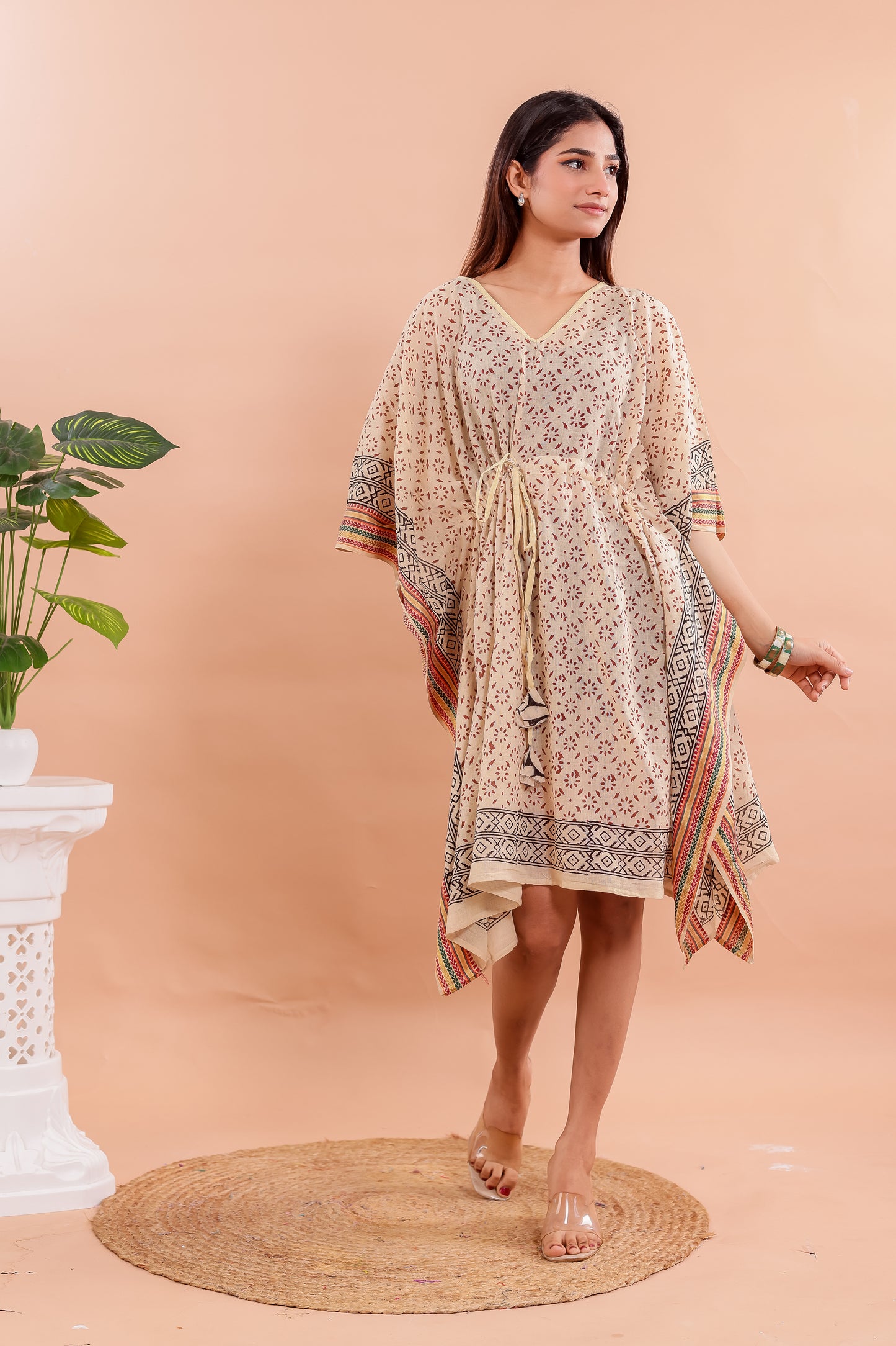 Natural Beige Hand Block Printed Cotton Kaftan with Geometric Borders