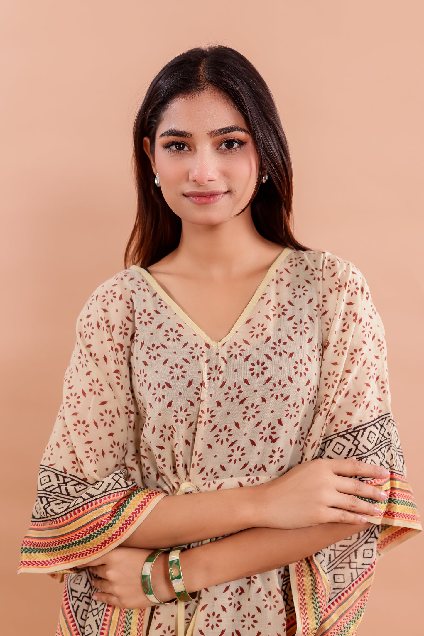 Natural Beige Hand Block Printed Cotton Kaftan with Geometric Borders