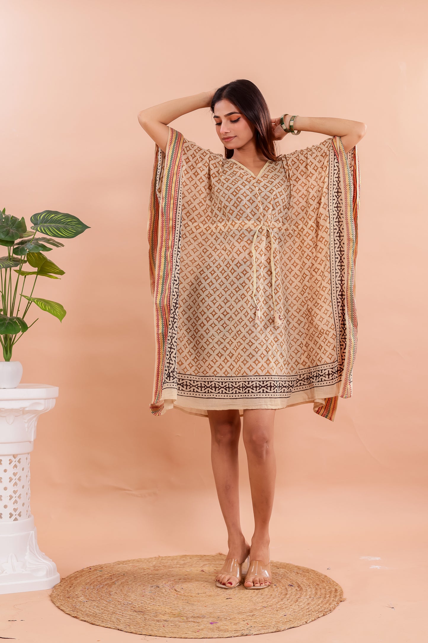 Beige Geometric Hand Block Printed Cotton Kaftan with Ethnic Borders