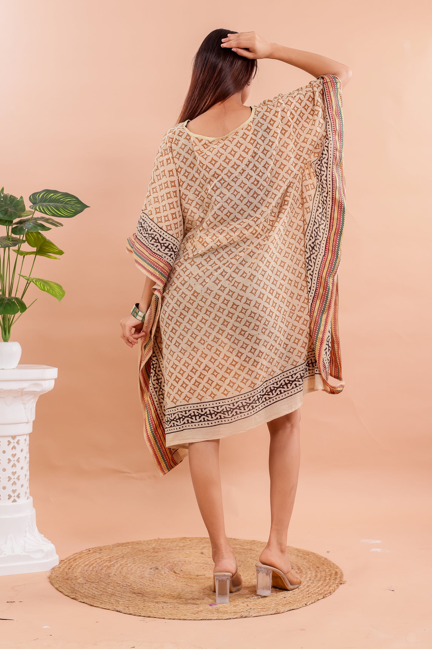 Beige Geometric Hand Block Printed Cotton Kaftan with Ethnic Borders