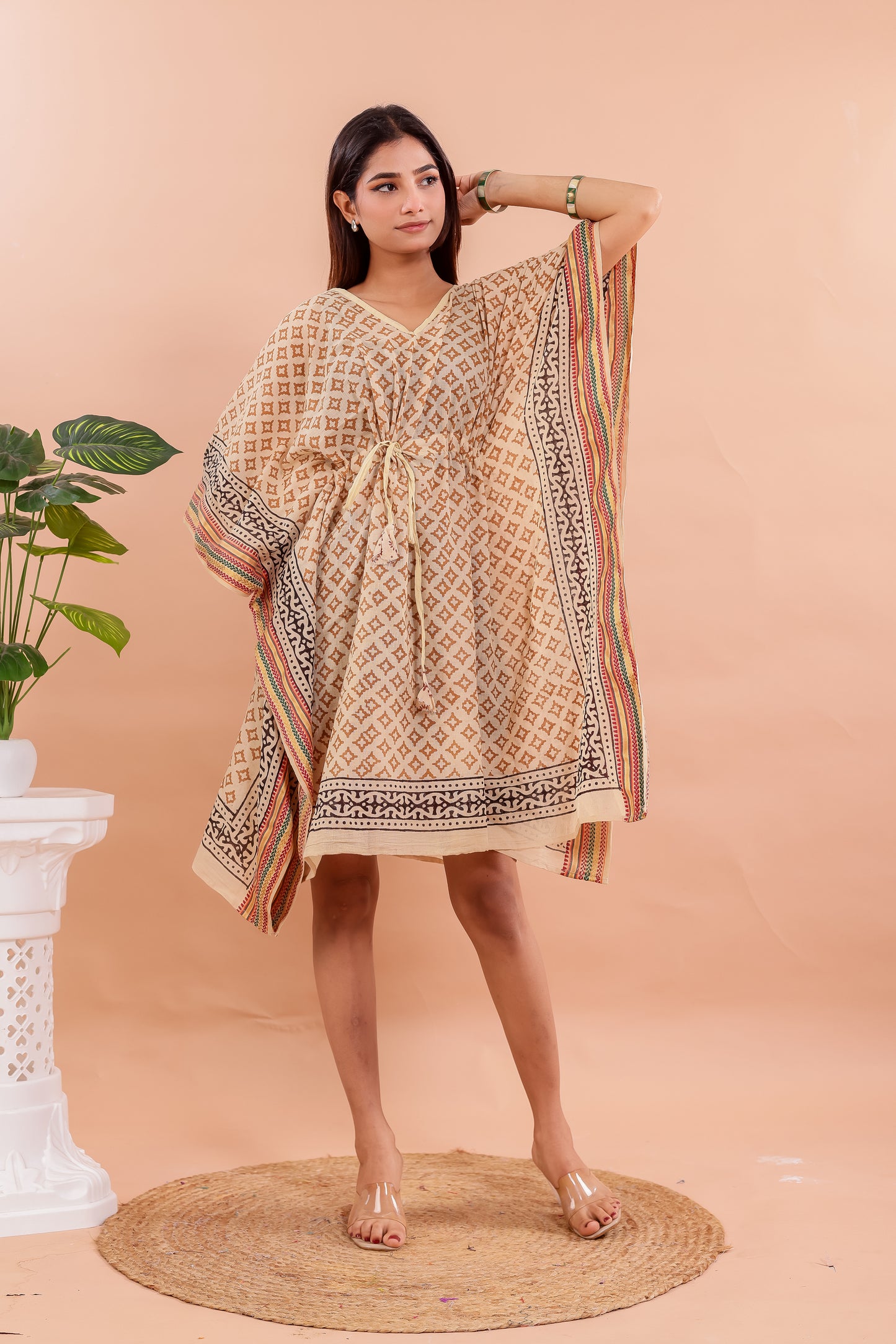 Beige Geometric Hand Block Printed Cotton Kaftan with Ethnic Borders