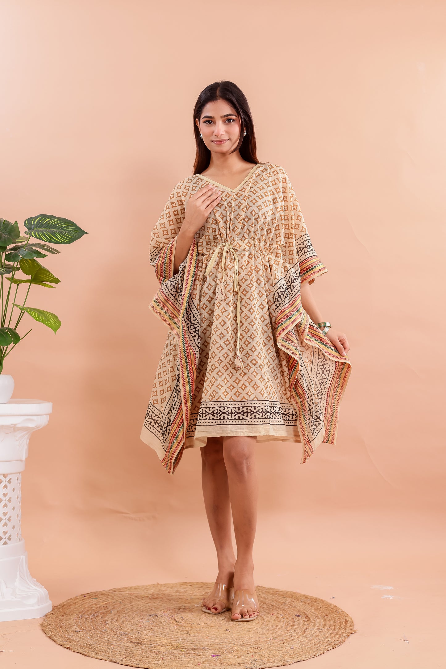 Beige Geometric Hand Block Printed Cotton Kaftan with Ethnic Borders