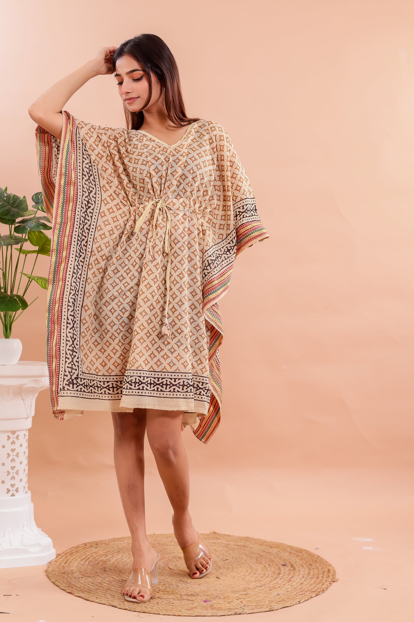 Beige Geometric Hand Block Printed Cotton Kaftan with Ethnic Borders