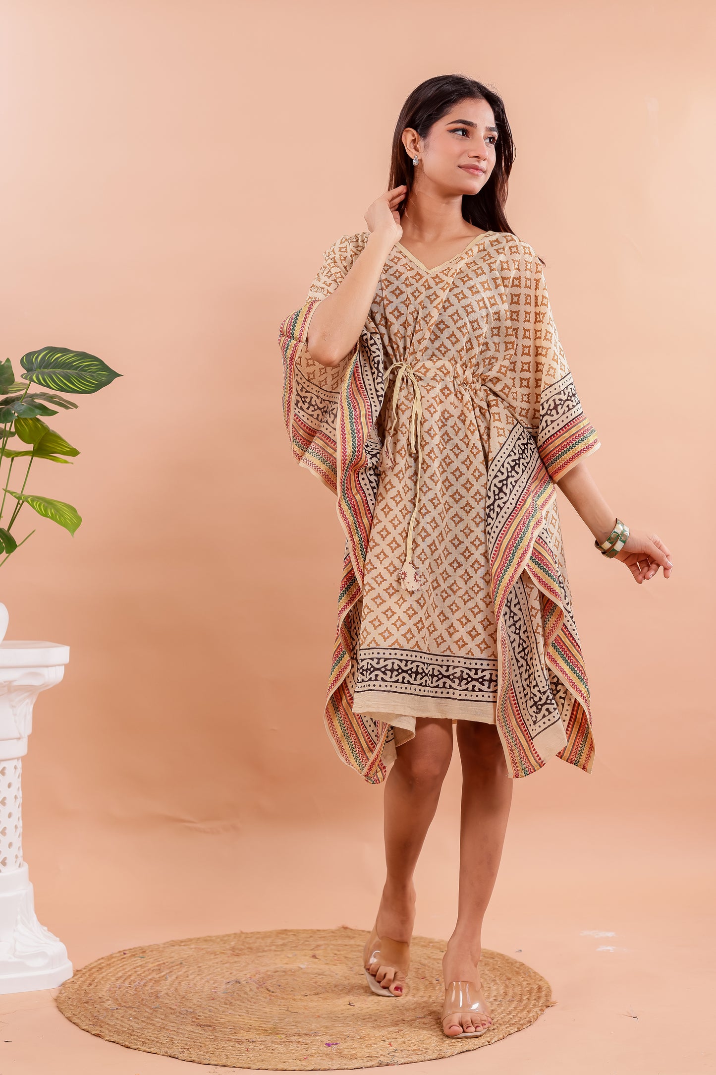 Beige Geometric Hand Block Printed Cotton Kaftan with Ethnic Borders