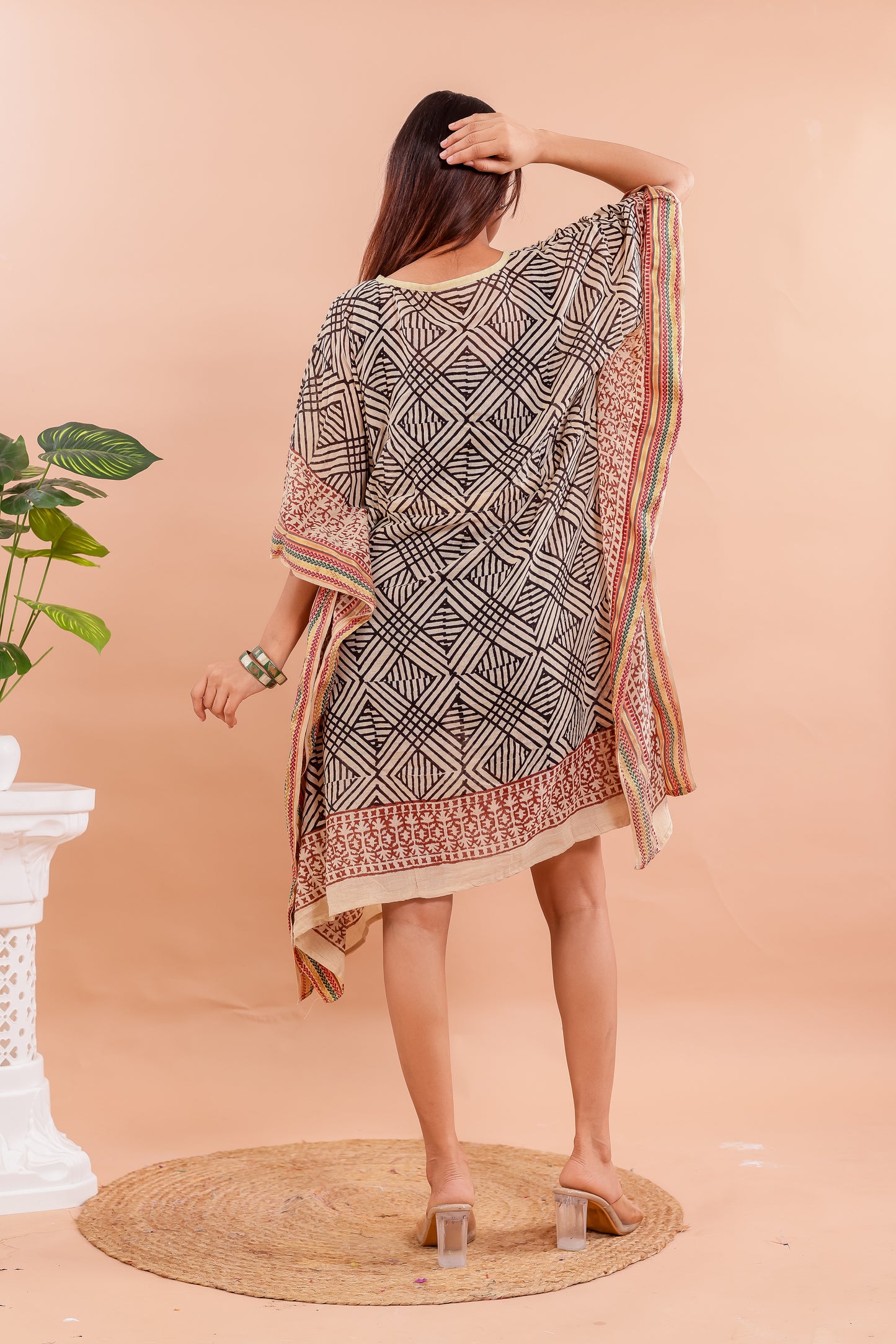 Bold Tribal Print Beige and Black Cotton Kaftan Dress with Hand Block Accents