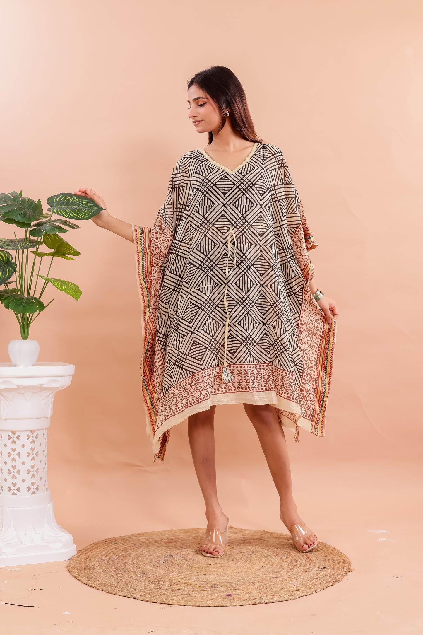 Bold Tribal Print Beige and Black Cotton Kaftan Dress with Hand Block Accents