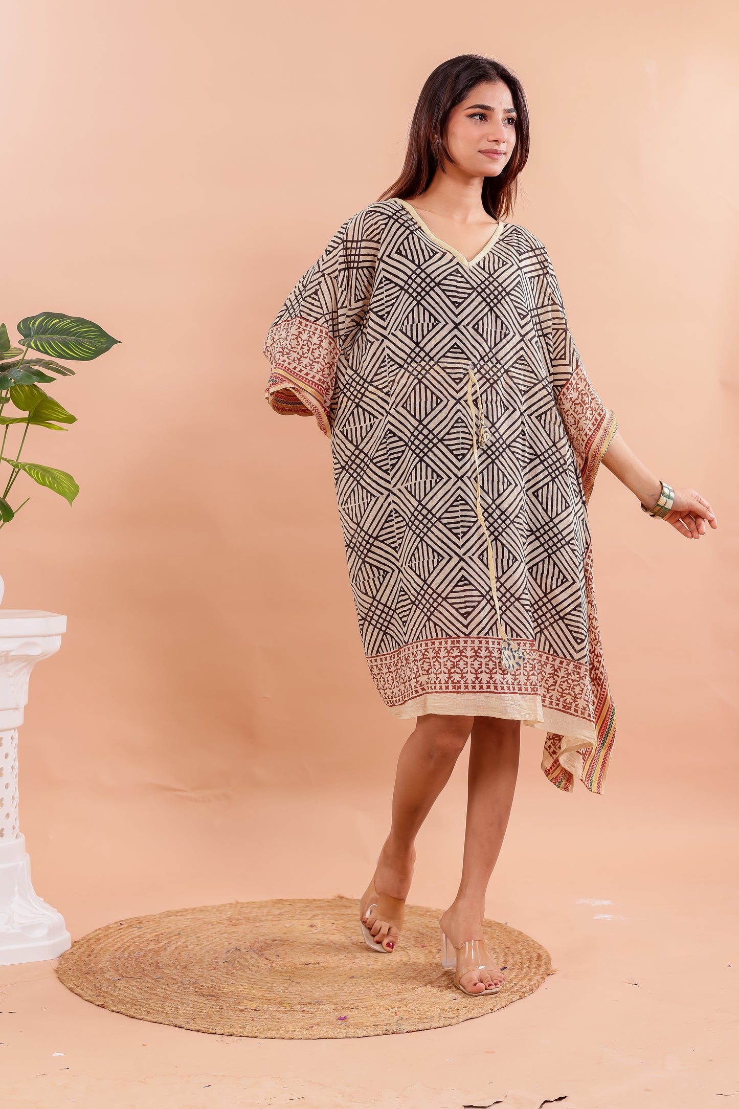 Bold Tribal Print Beige and Black Cotton Kaftan Dress with Hand Block Accents
