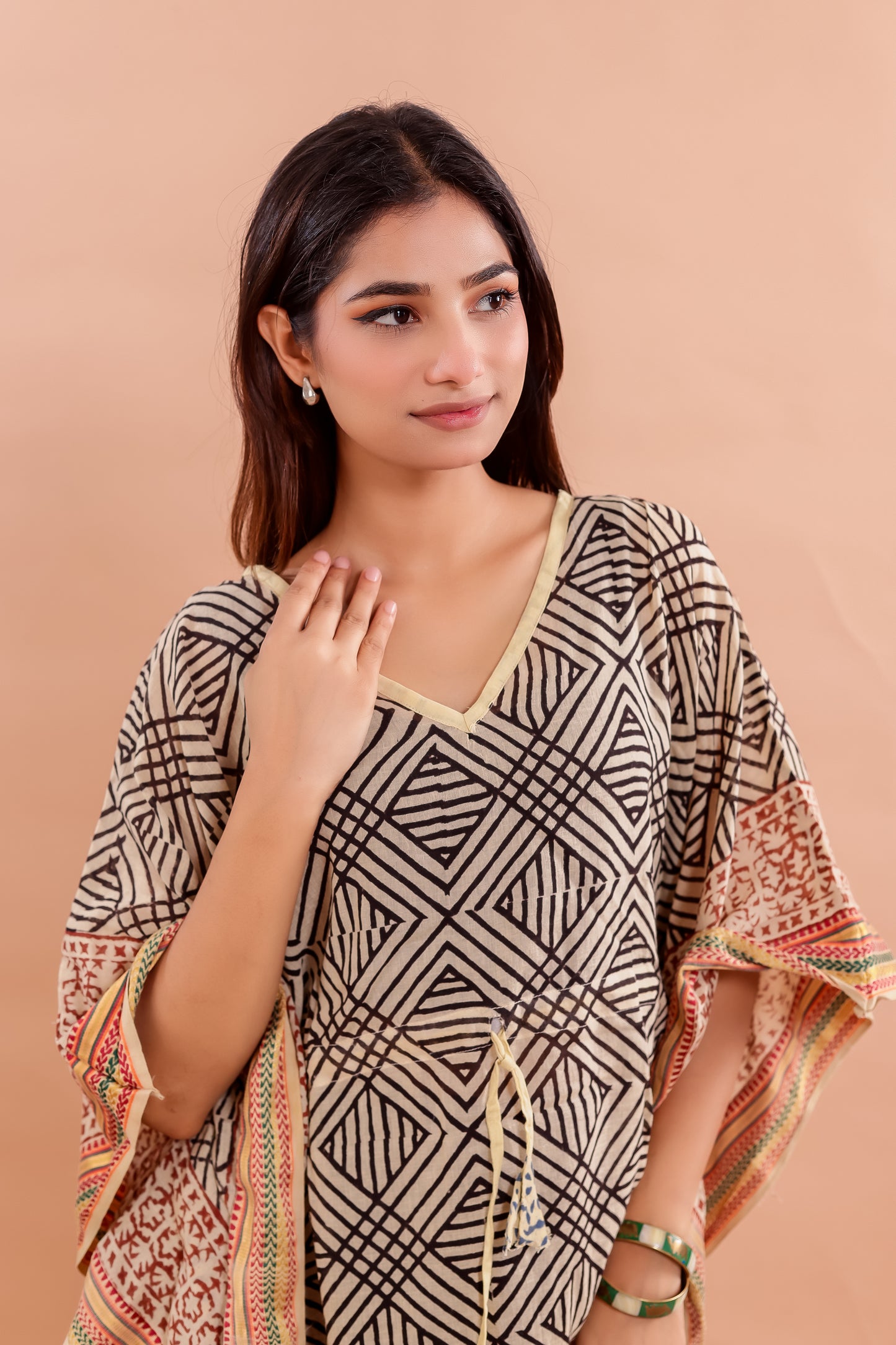 Bold Tribal Print Beige and Black Cotton Kaftan Dress with Hand Block Accents