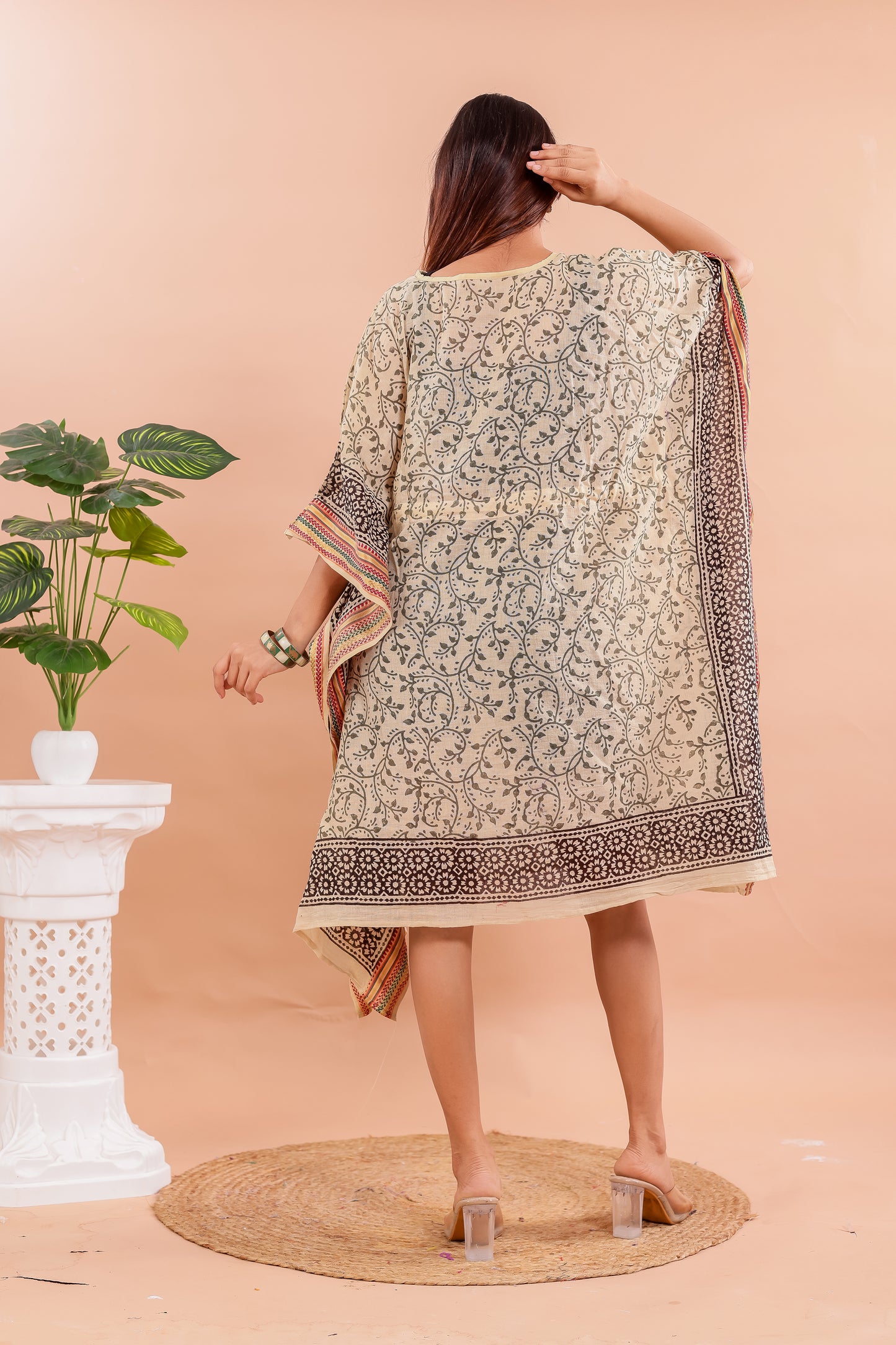 Vintage Beige Hand Block Printed Cotton Kaftan with Traditional Floral Motifs