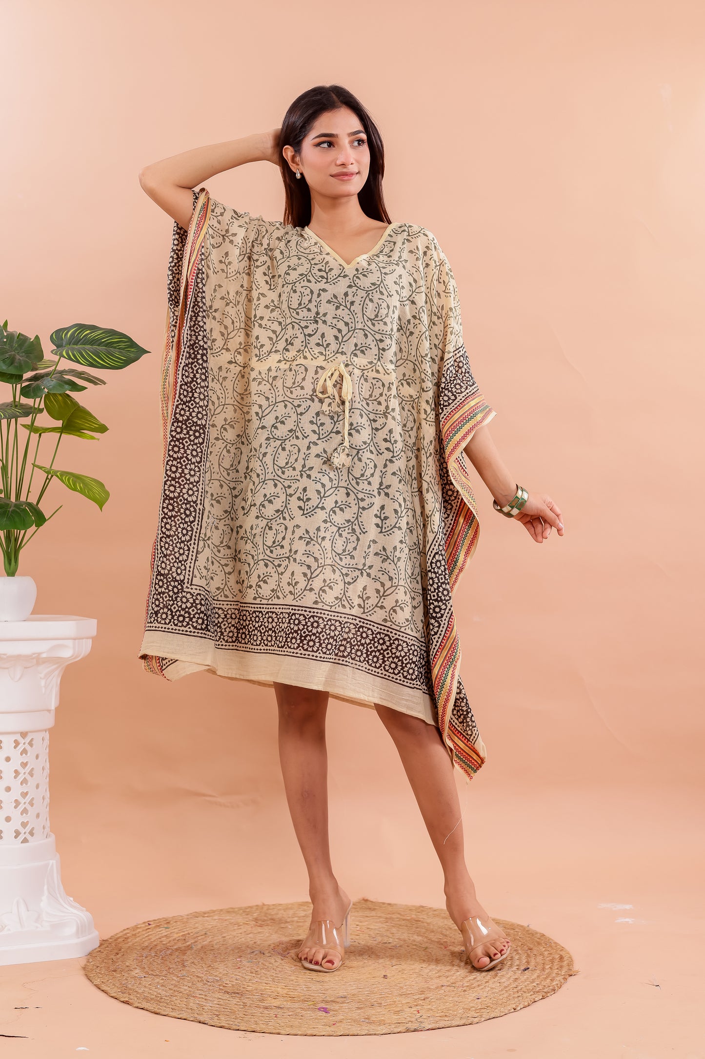 Vintage Beige Hand Block Printed Cotton Kaftan with Traditional Floral Motifs