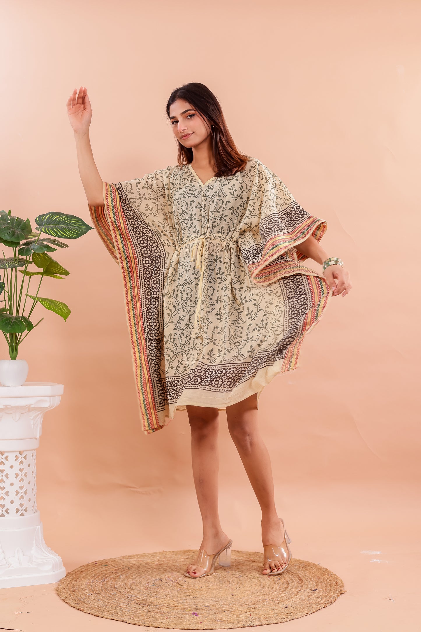Vintage Beige Hand Block Printed Cotton Kaftan with Traditional Floral Motifs