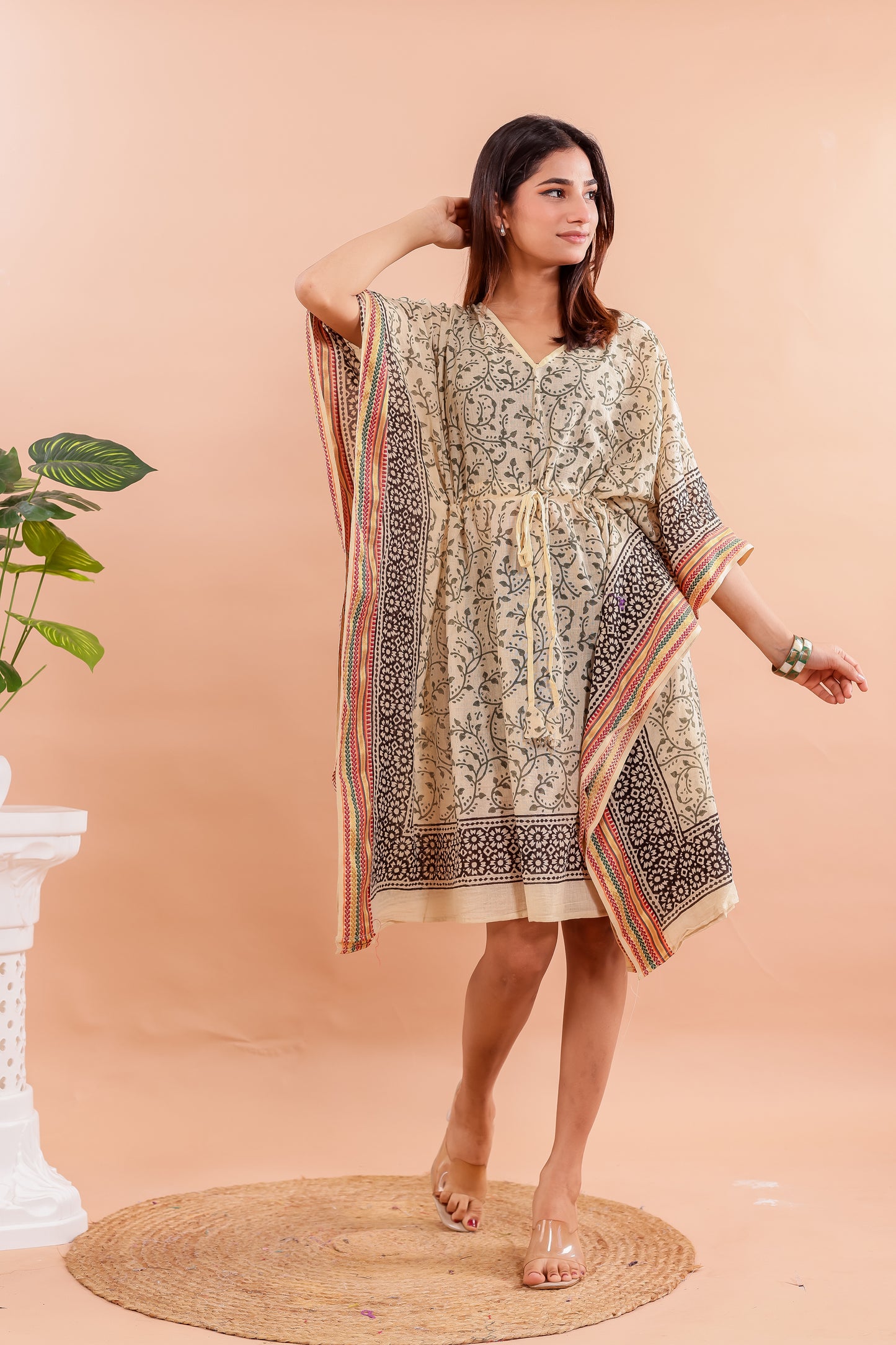 Vintage Beige Hand Block Printed Cotton Kaftan with Traditional Floral Motifs