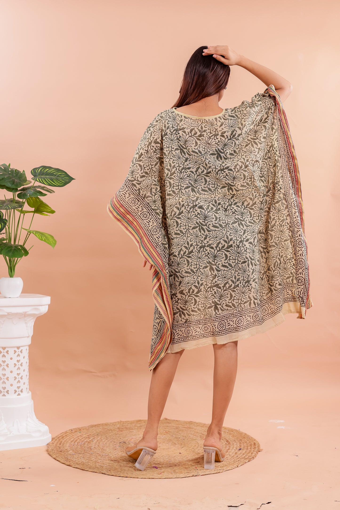 Beige and Olive Hand Block Printed Cotton Kaftan with Floral Vines and Traditional Borders