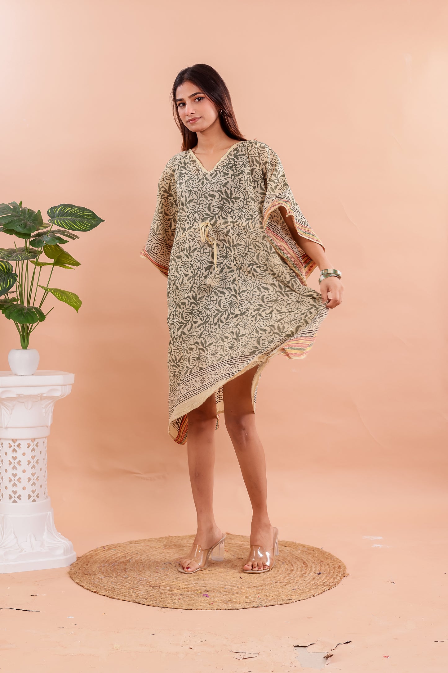 Beige and Olive Hand Block Printed Cotton Kaftan with Floral Vines and Traditional Borders
