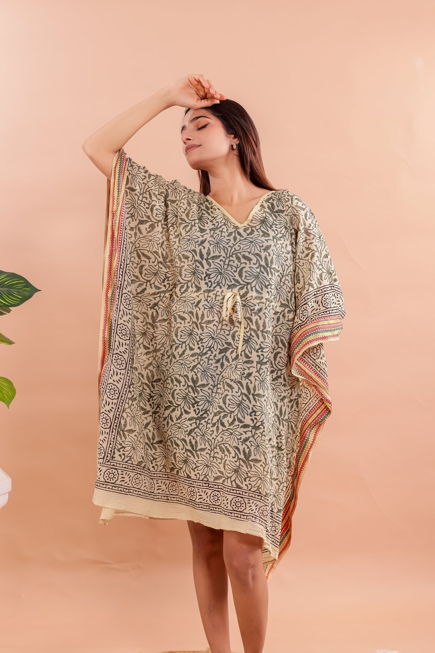 Beige and Olive Hand Block Printed Cotton Kaftan with Floral Vines and Traditional Borders