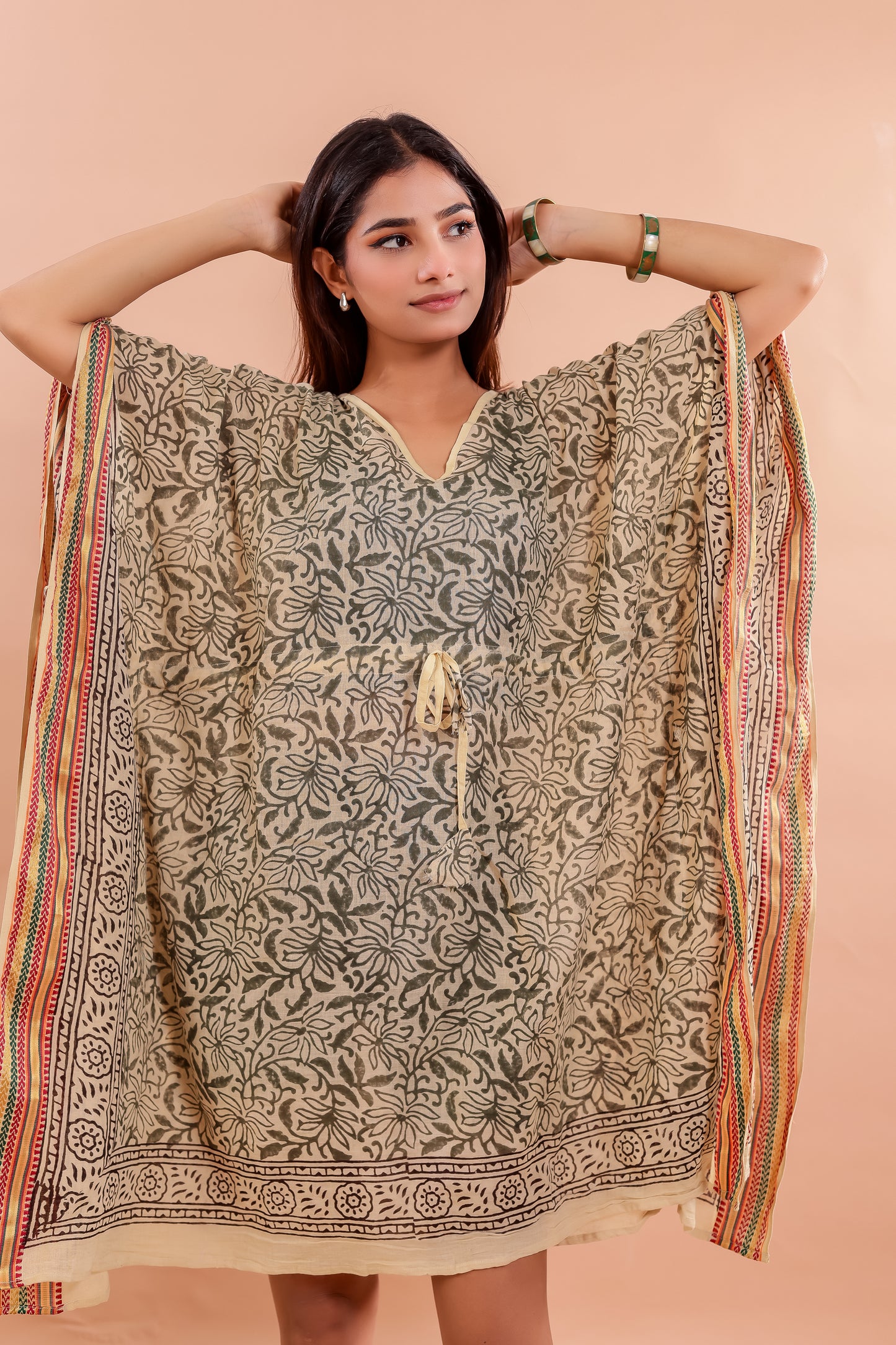 Beige and Olive Hand Block Printed Cotton Kaftan with Floral Vines and Traditional Borders