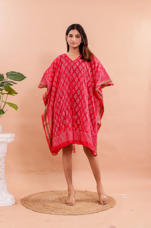Vibrant Red Hand Block Printed Cotton Kaftan with Starry Floral Motifs & Ethnic Borders
