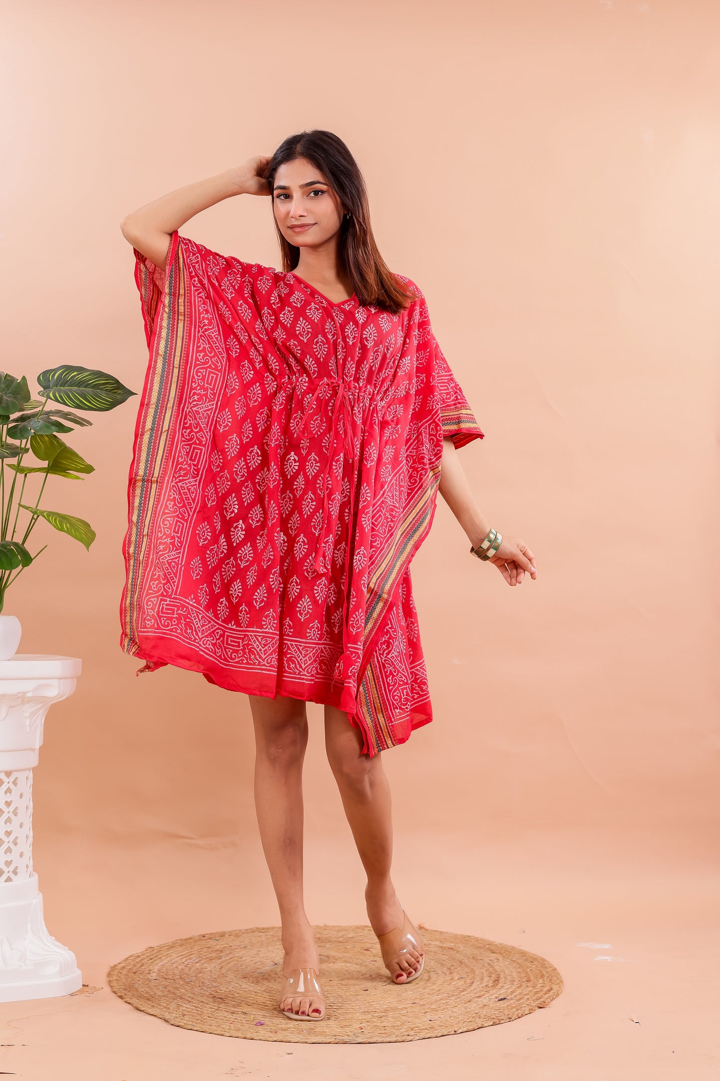 Vibrant Red Hand Block Printed Cotton Kaftan with Starry Floral Motifs & Ethnic Borders