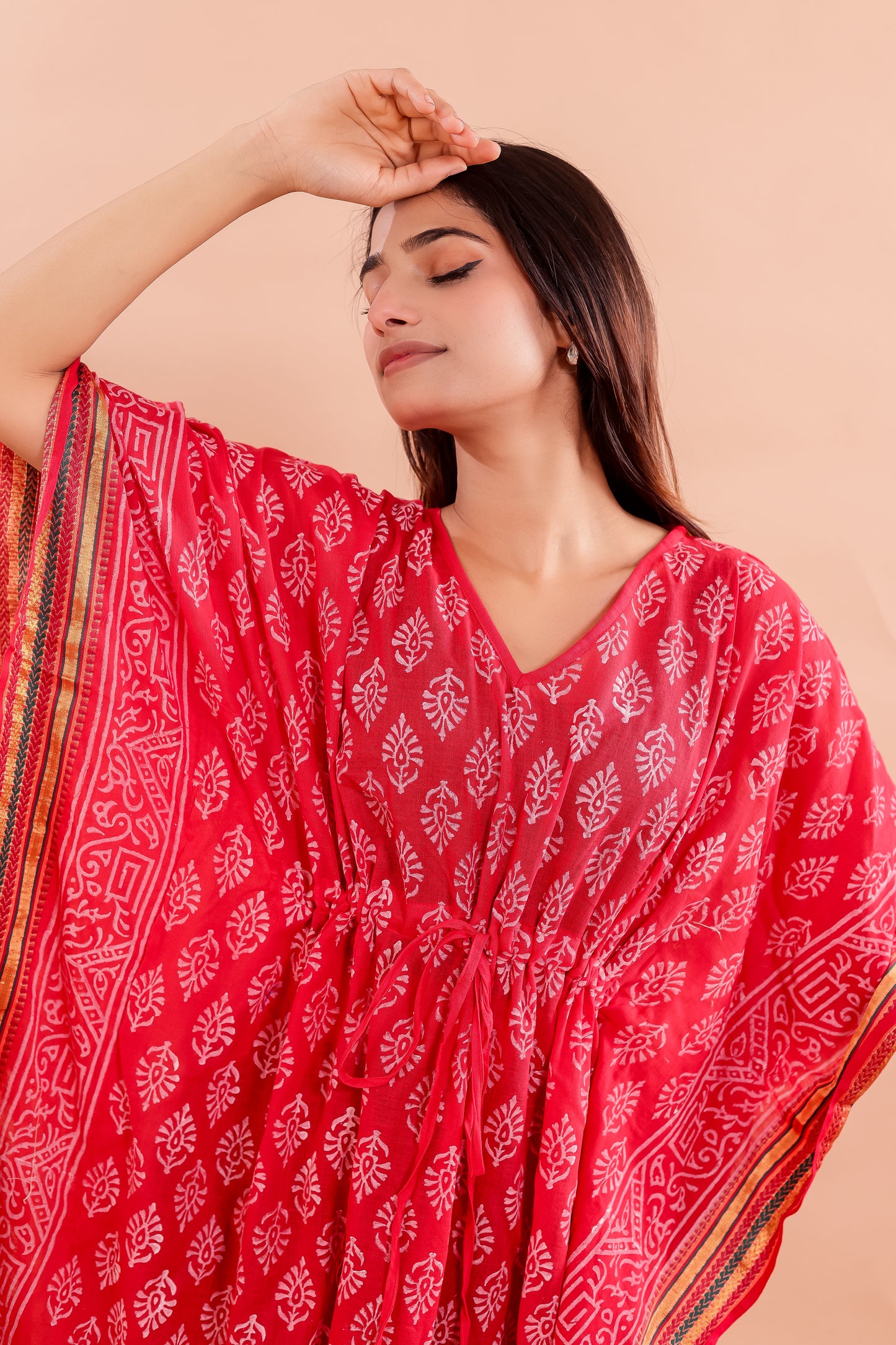 Vibrant Red Hand Block Printed Cotton Kaftan with Starry Floral Motifs & Ethnic Borders