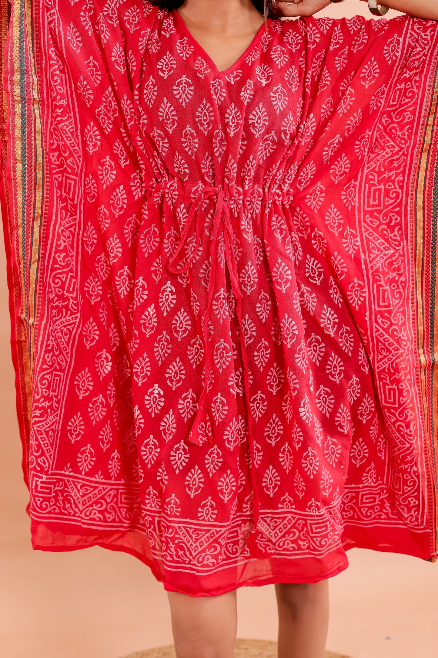 Vibrant Red Hand Block Printed Cotton Kaftan with Starry Floral Motifs & Ethnic Borders