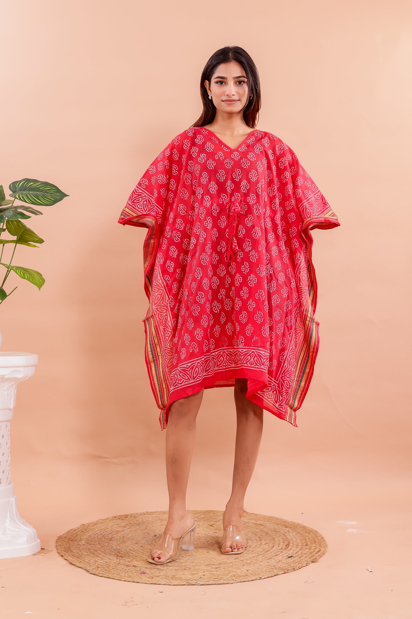 Vibrant Red Hand Block Printed Cotton Kaftan with Starry Floral Motifs & Ethnic Borders