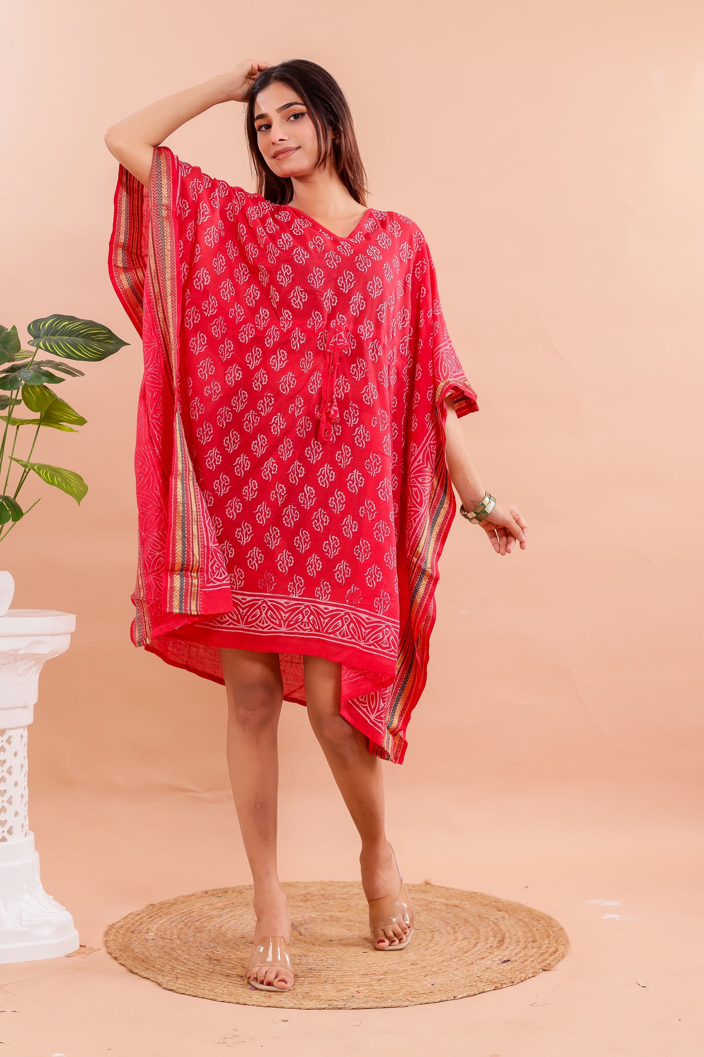 Vibrant Red Hand Block Printed Cotton Kaftan with Starry Floral Motifs & Ethnic Borders