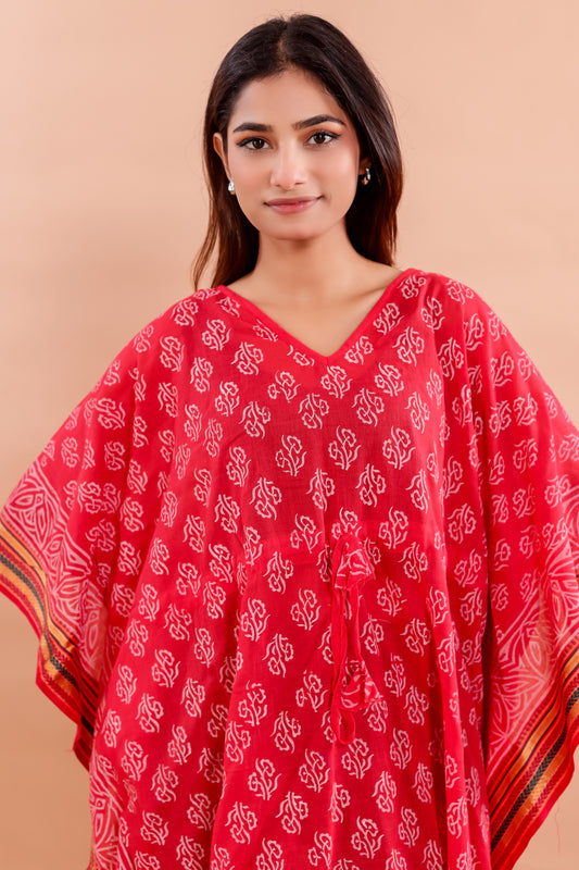 Vibrant Red Hand Block Printed Cotton Kaftan with Starry Floral Motifs & Ethnic Borders