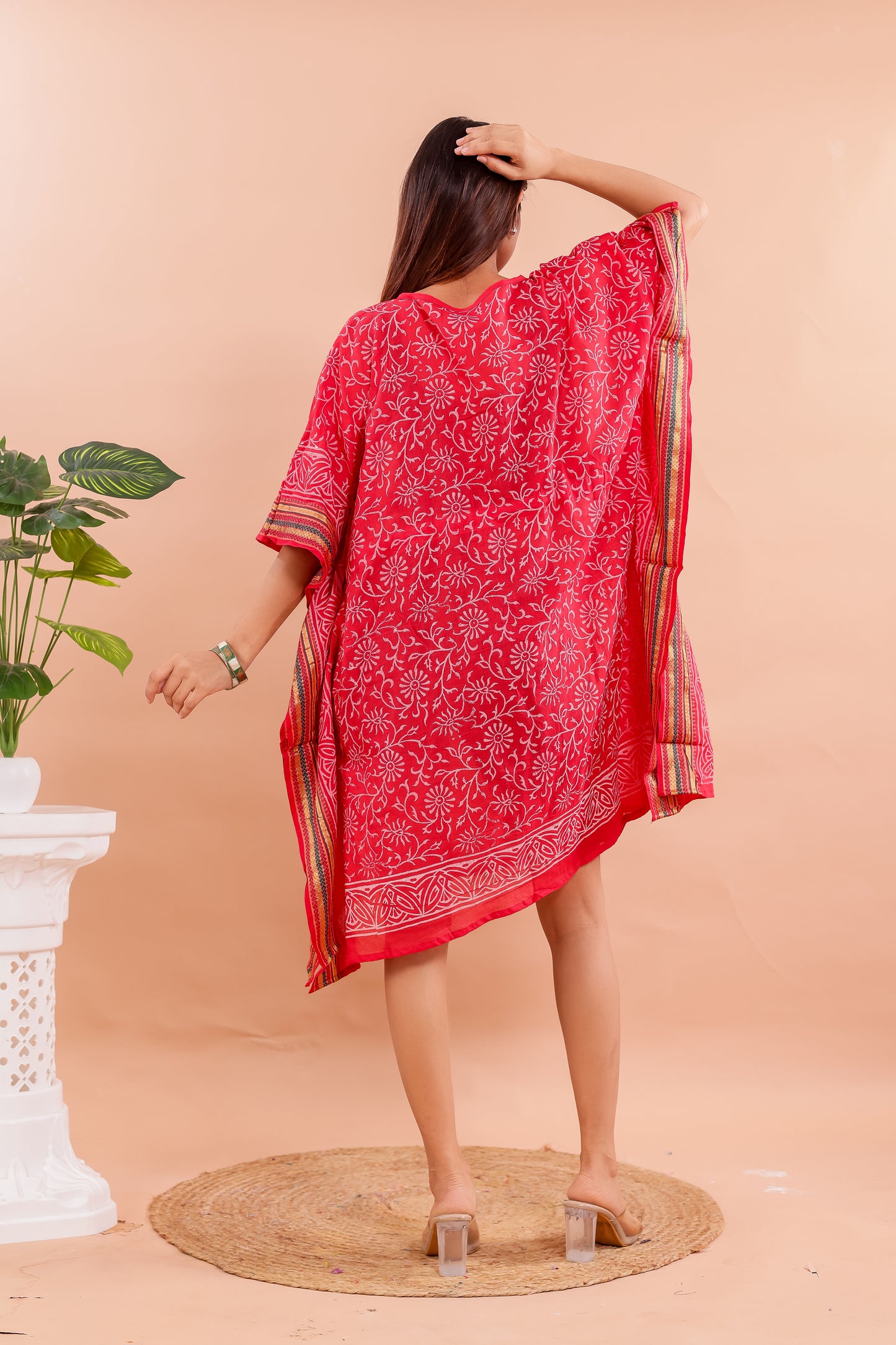 Vibrant Red Hand Block Printed Cotton Kaftan with Floral Motifs and Ethnic Borders