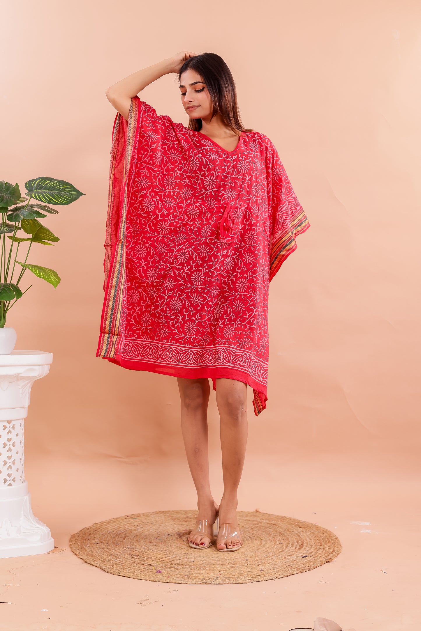 Vibrant Red Hand Block Printed Cotton Kaftan with Floral Motifs and Ethnic Borders