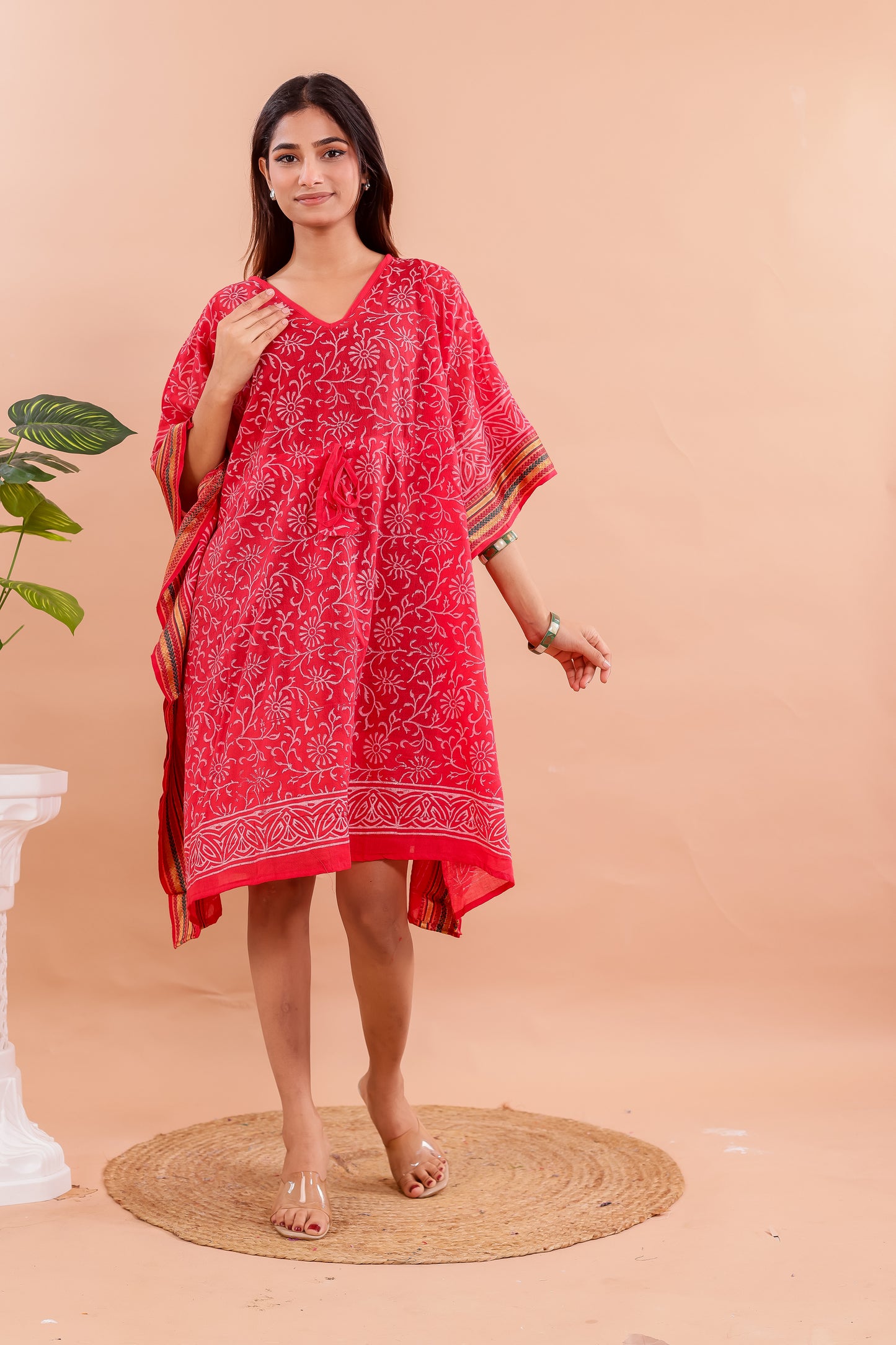 Vibrant Red Hand Block Printed Cotton Kaftan with Floral Motifs and Ethnic Borders
